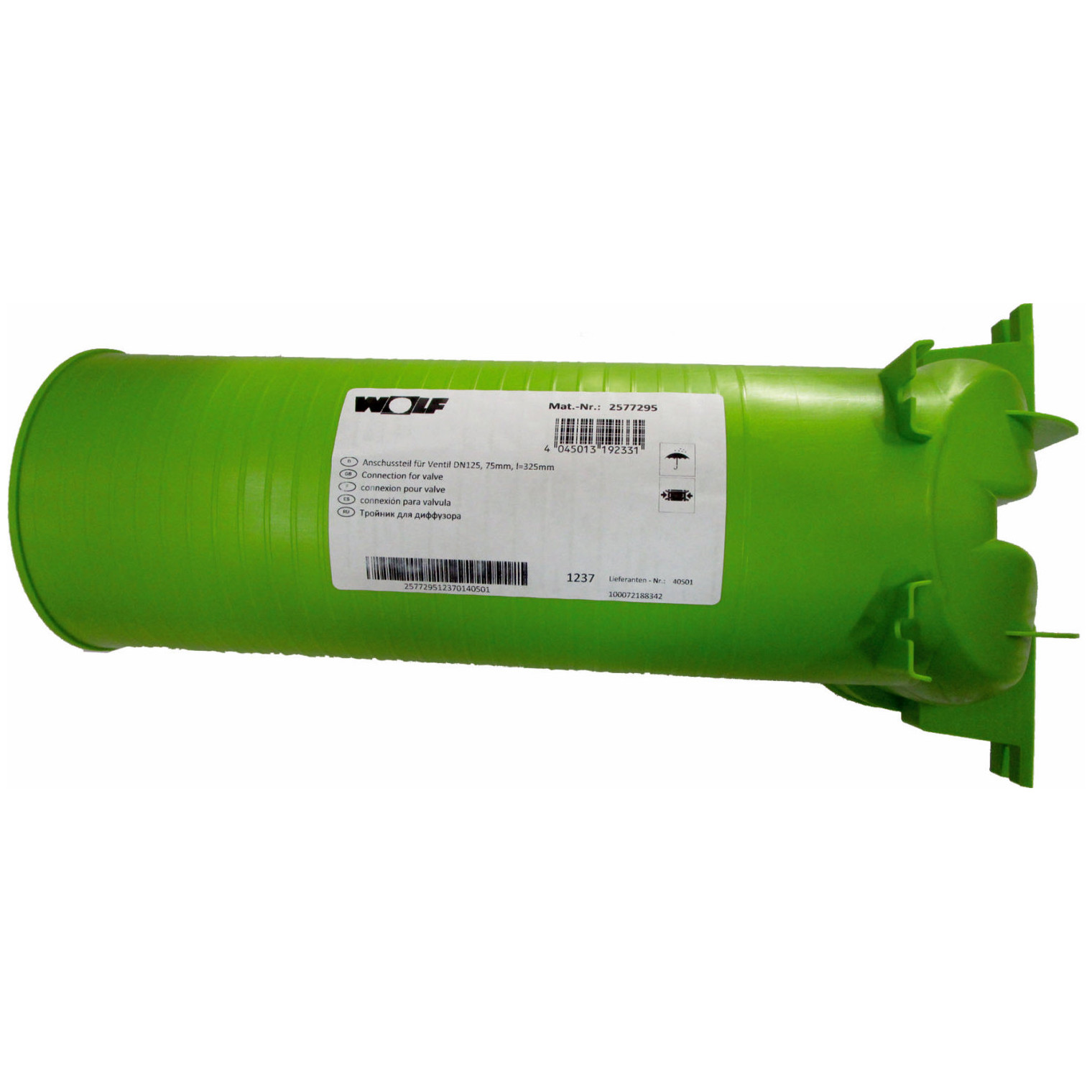 WOLF Anschlussteil Ventil DN125 90 Grad 2 Rohrstutzen DN75 Rohrkappe antistatisch 2577295