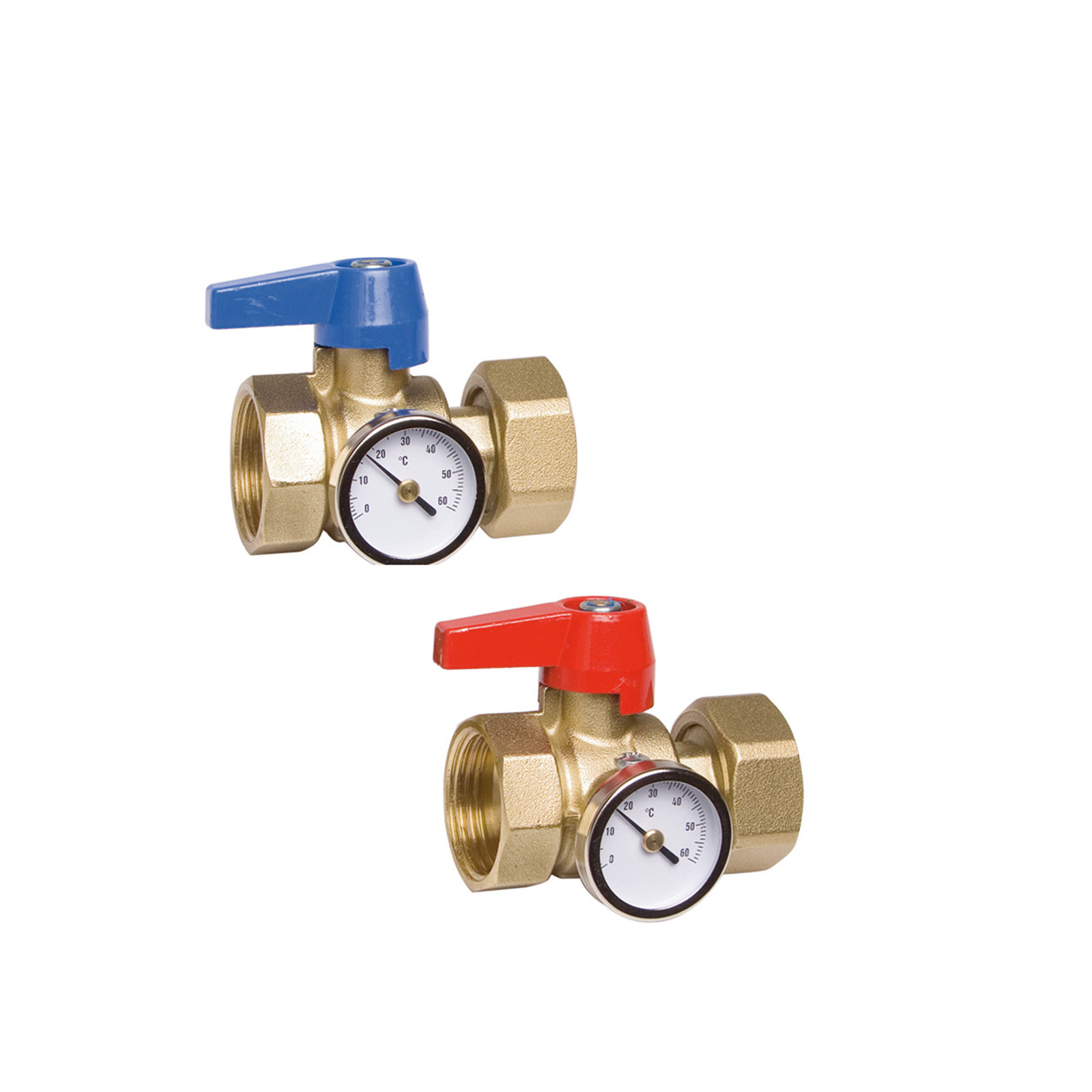 HTD Heizkreisverteiler Anschluß-Set 1" IG Kugelhahn mit Thermometer rot/blau