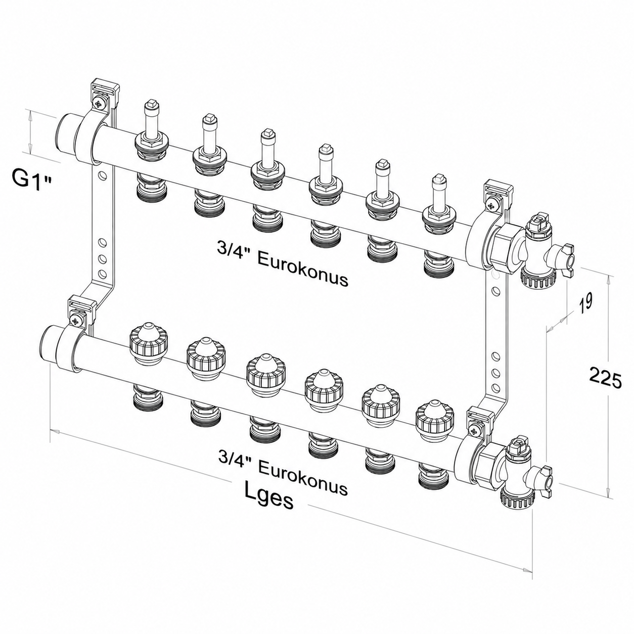 Roth Heizkreisverteiler 6-Heizkreise Messing FlatConnect mit DFA absperrbar 1115011036