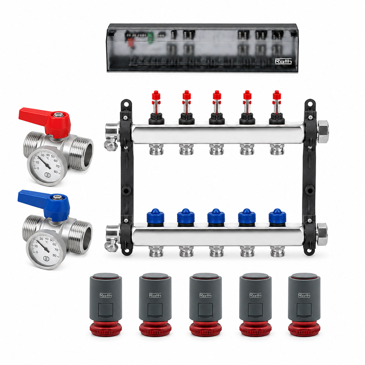 Roth 5er Heizkreisverteiler-Set Edelstahl Stellantriebe Anschlussleiste 230V Heizen