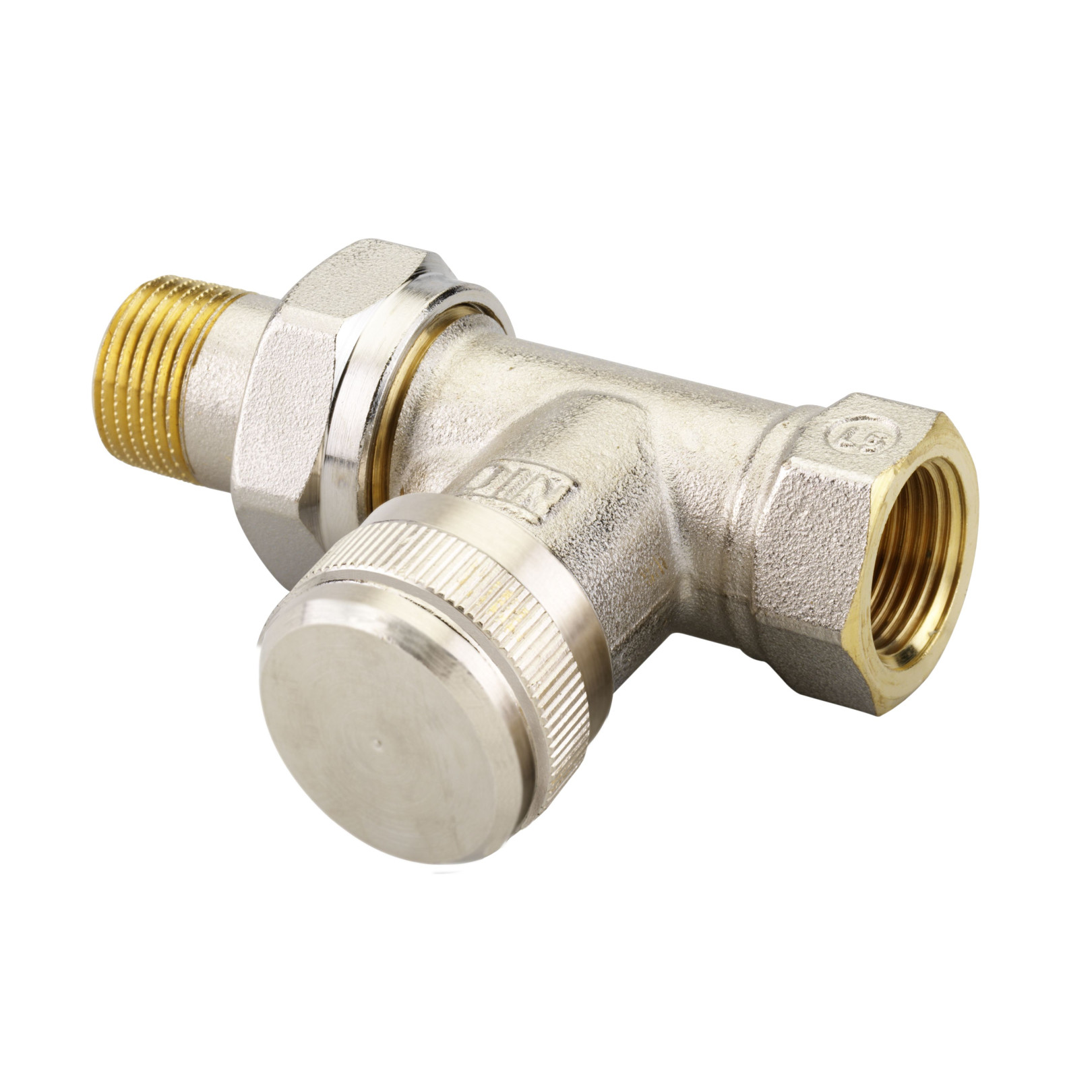 Danfoss Rücklaufverschraubung RLV 10 Durchgang DN10 3/8 Zoll vernickelt absperrbar regulierbar Entleerung 003L0142