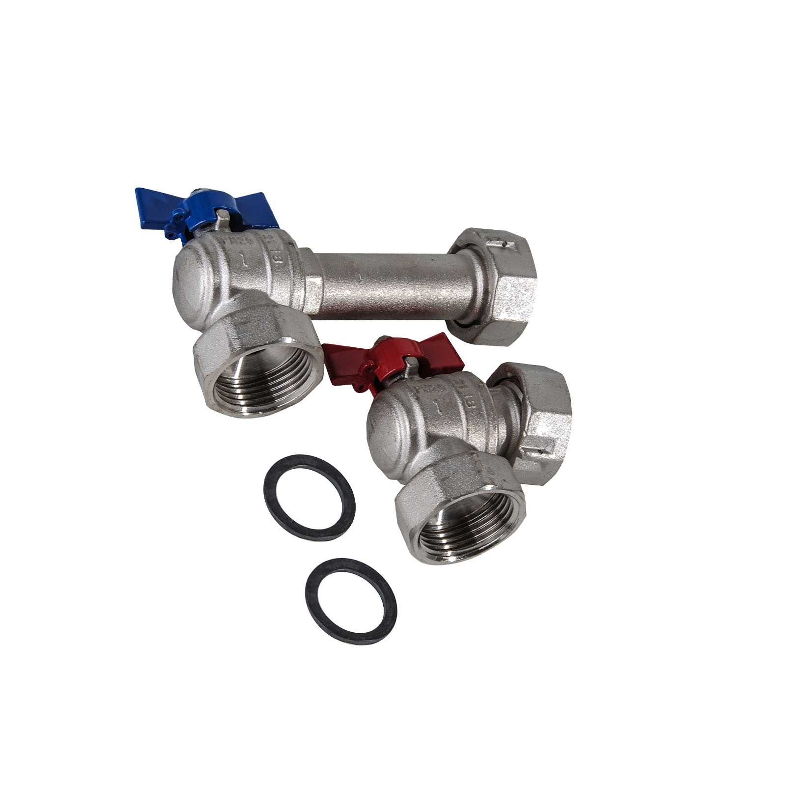 HTD Heizkreisverteiler Eck-Anschluss-Set 1" IG Kugelhahn senkrecht/vertikal rot/blau