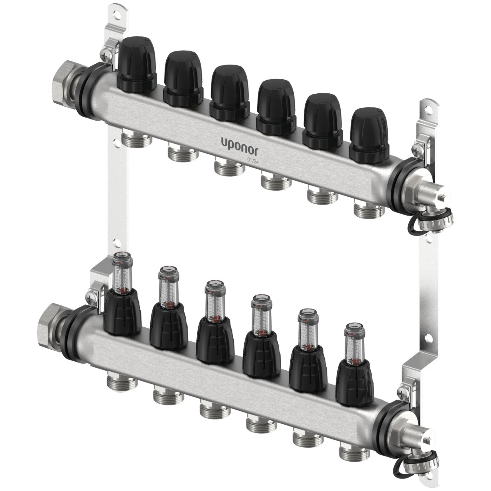 Uponor Fussbodenheizung Verteiler Vario S FM 6xG3/4 Euro G1 Edelstahl integrierte Ventile 1140837