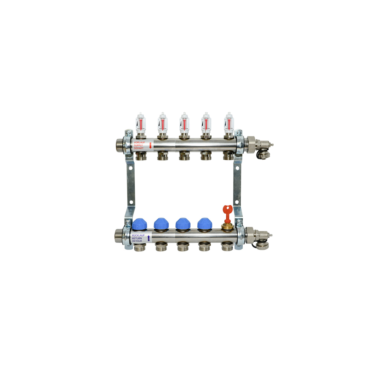 5-fach Heizkreisverteiler Premium selbstregulierend mit Durchflussanzeige Edelstahl