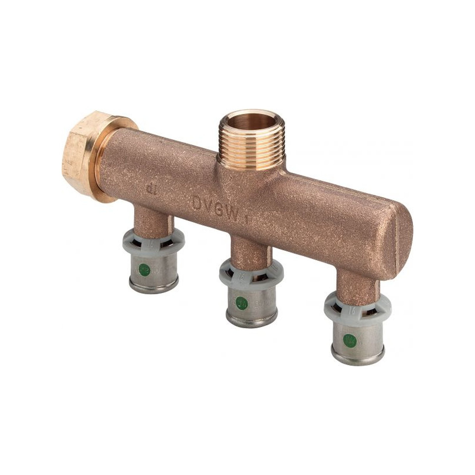 Viega Pressfitting Sanfix P 2126.07 Verteiler 3-fach 16mm x 3/4 Zoll SC-Contur Rotguss 309206