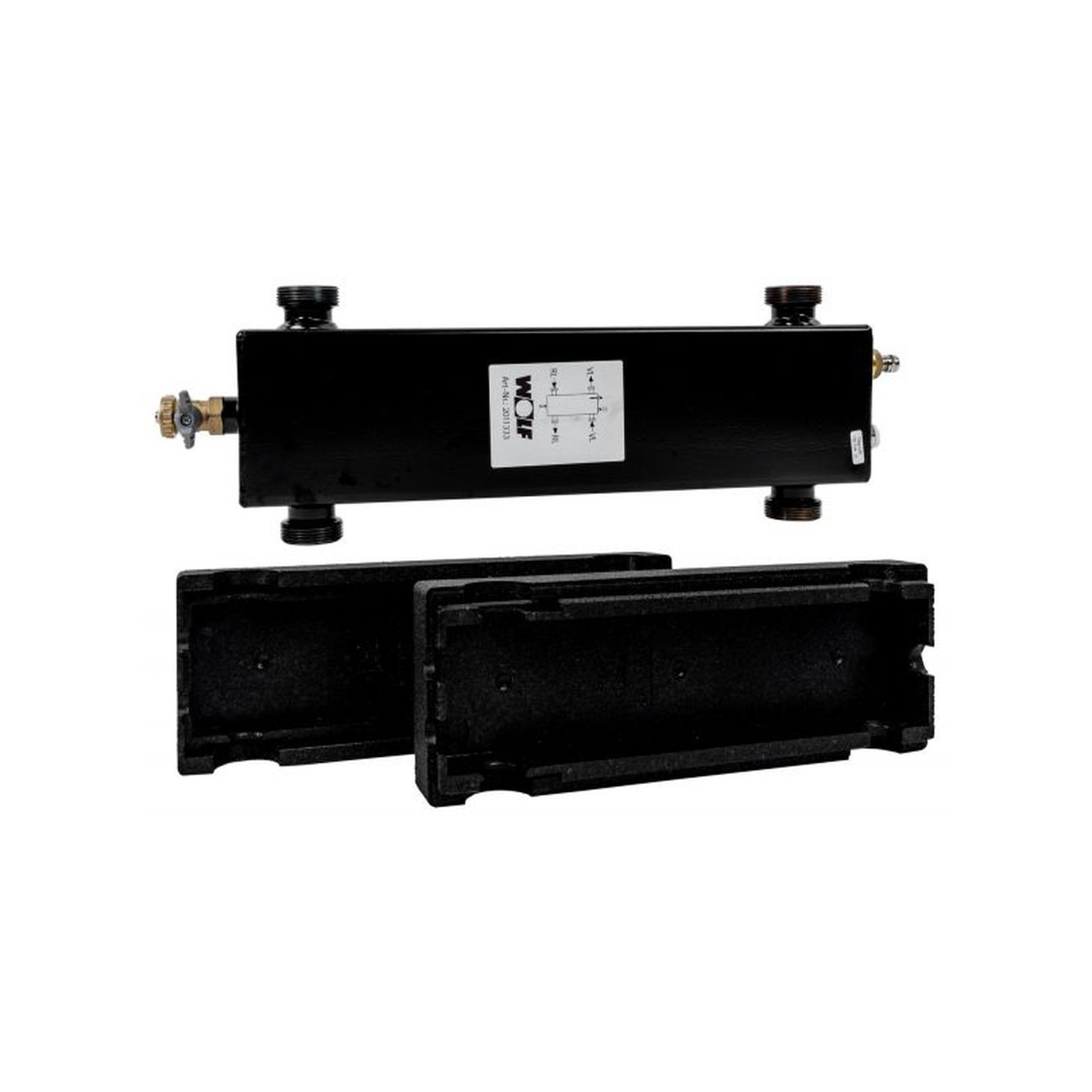WOLF Hydraulische Weiche 4,5 m3/h Vierkanthohlprofil 80x120mm Anschlussstutzen 1 1/2 Zoll Wärmedämmschalen 2011333