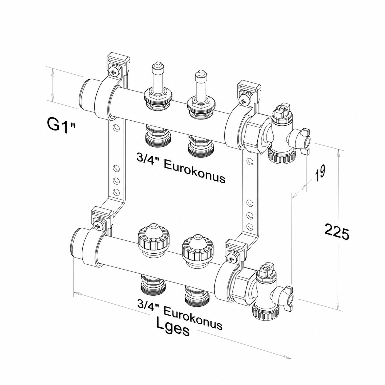 Roth Heizkreisverteiler 2-Heizkreise Messing FlatConnect mit DFA absperrbar 1115011032