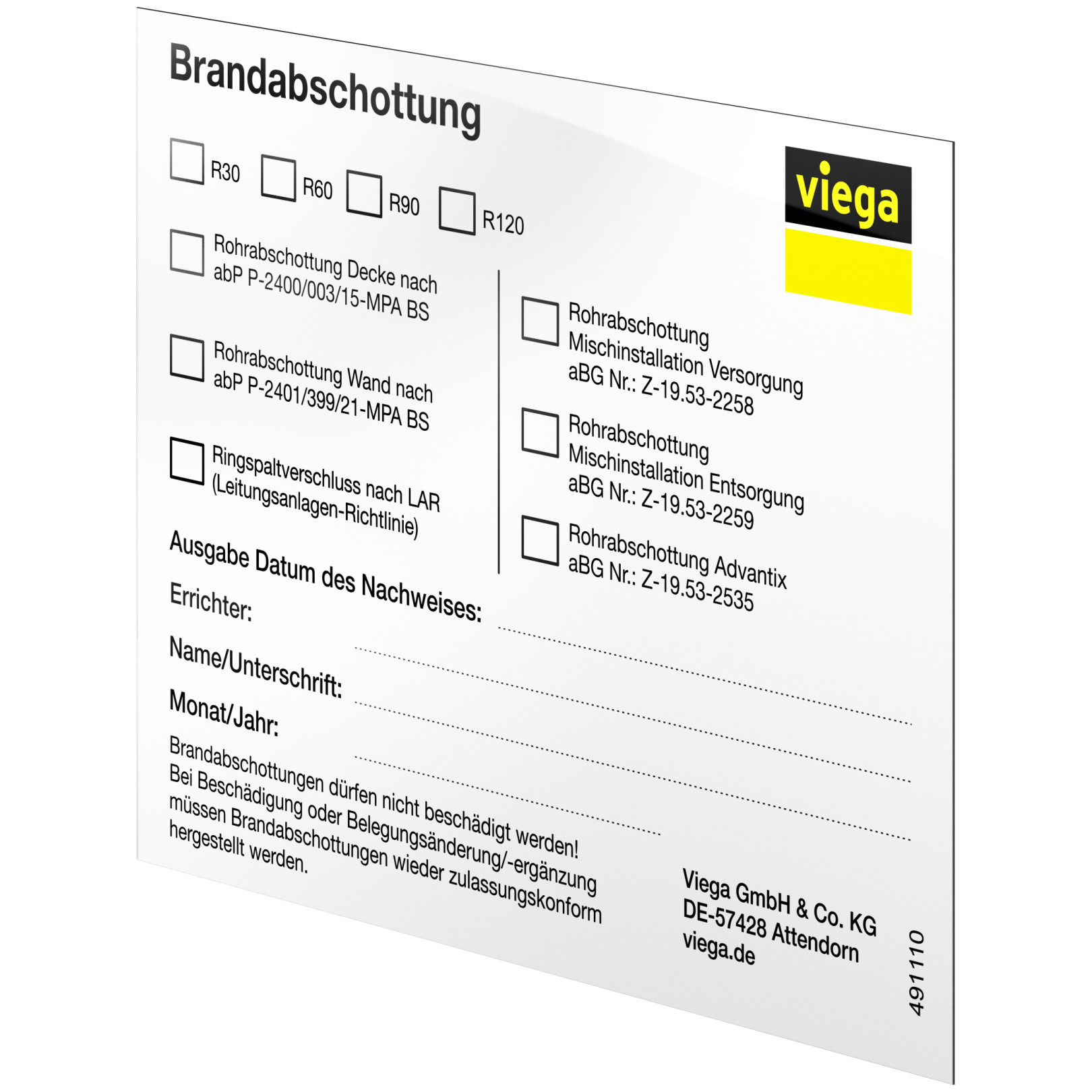 Viega Kennzeichnungsschild Brandschutz Rohrdurchführung 155x120 Modell 4920.8 Kunststoff 785871