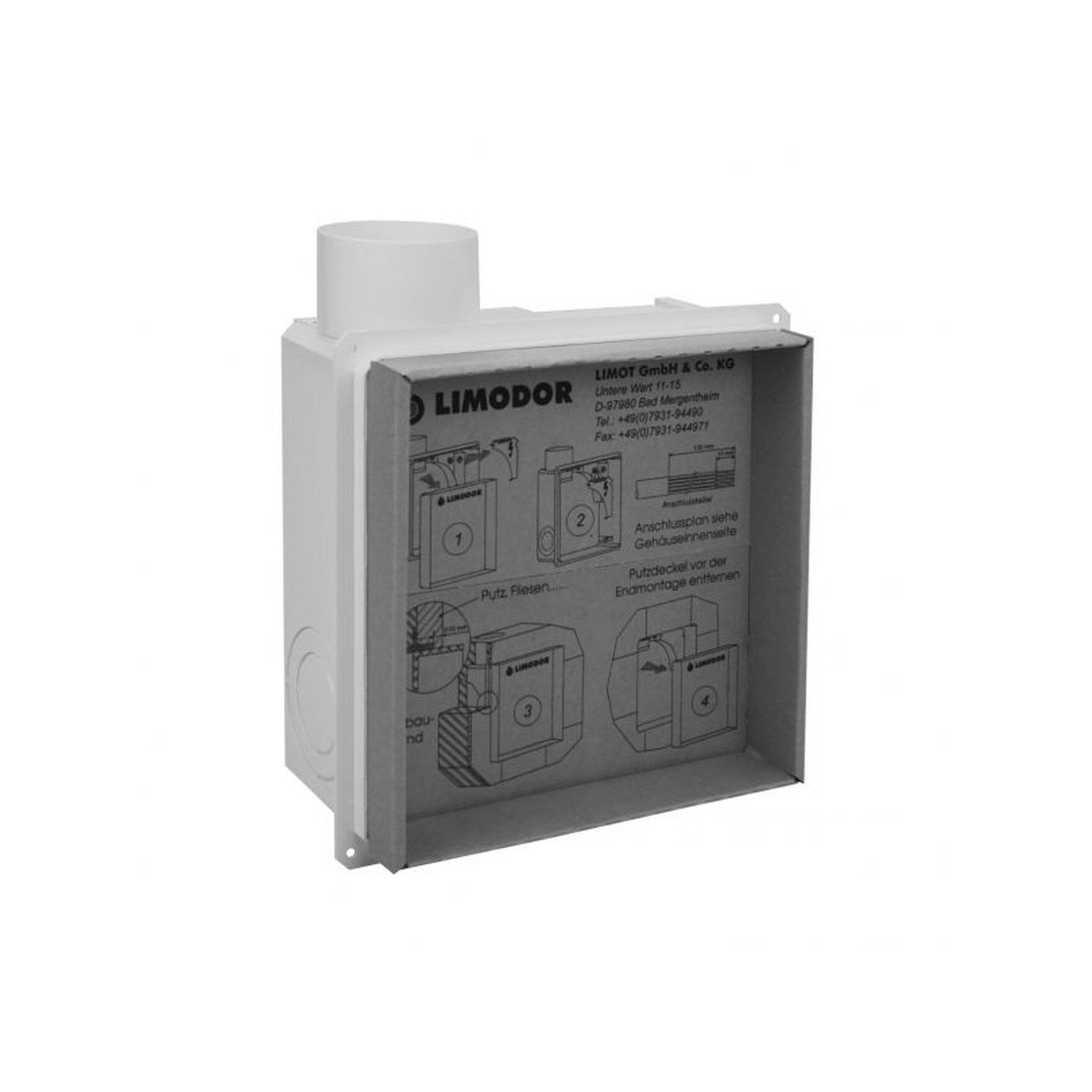 LIMODOR Unterputzgehäuse compact Einbaukasten seitlicher Abluftstutzen DN80 Rückschlagklappe 80000