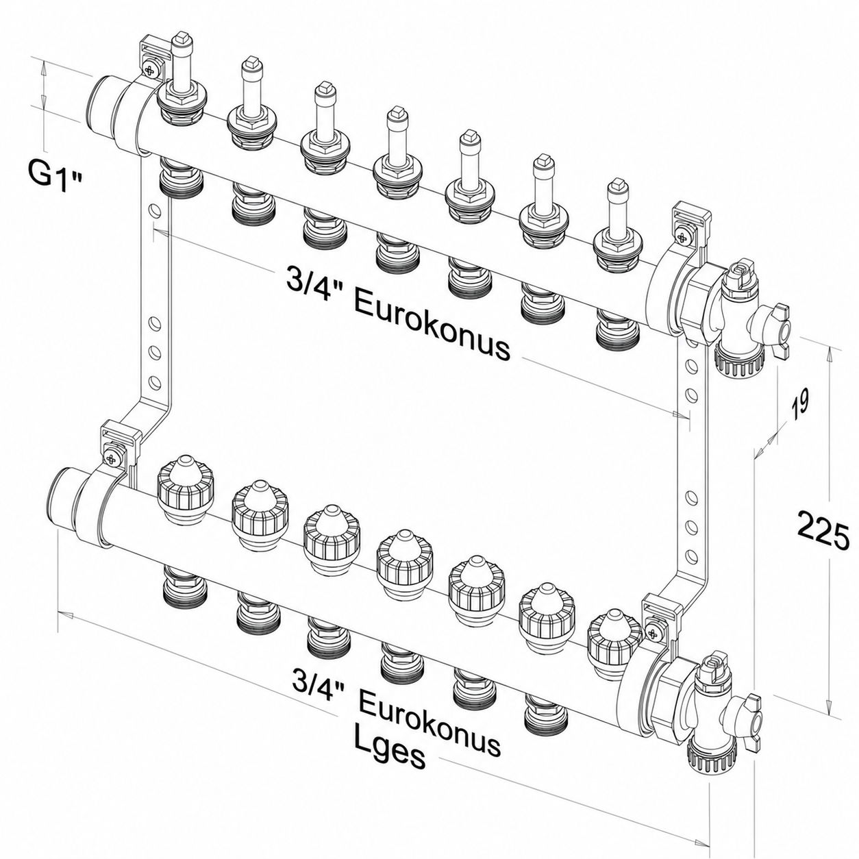 Roth Heizkreisverteiler 7-Heizkreise Messing FlatConnect mit DFA absperrbar 1115011037
