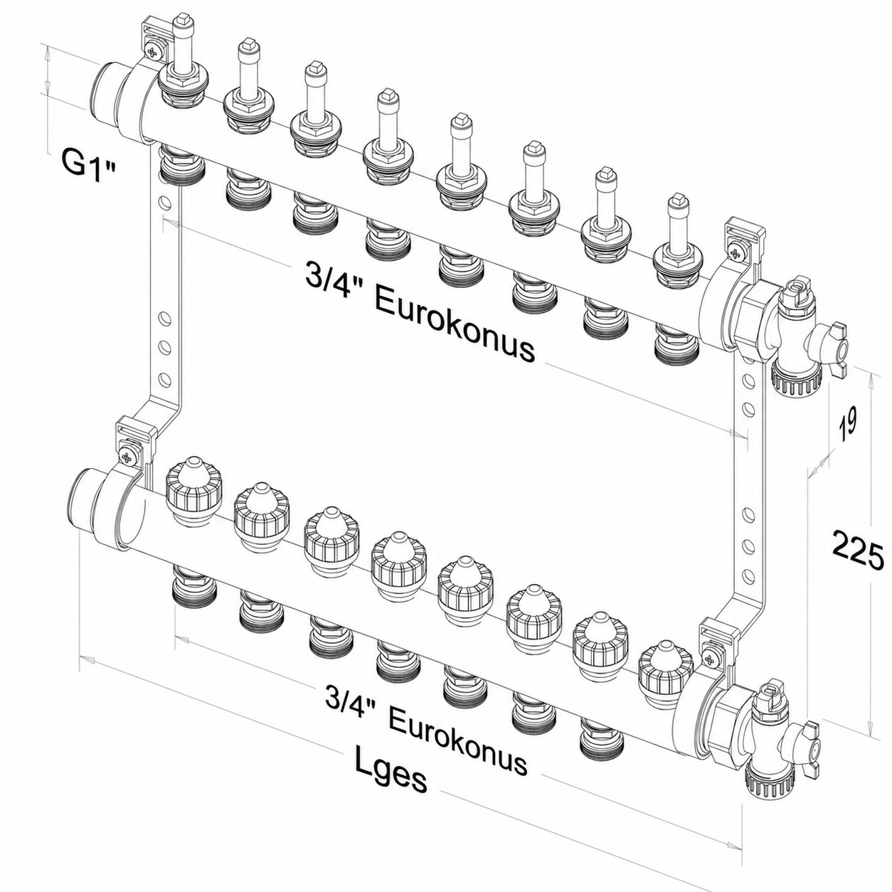 Roth Heizkreisverteiler 8-Heizkreise Messing FlatConnect mit DFA absperrbar 1115011038