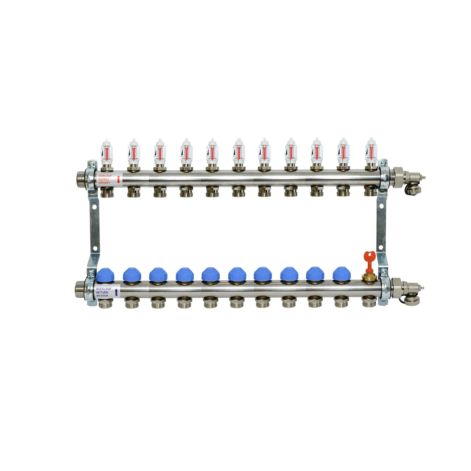 11-fach Heizkreisverteiler Premium selbstregulierend mit Durchflussanzeige Edelstahl