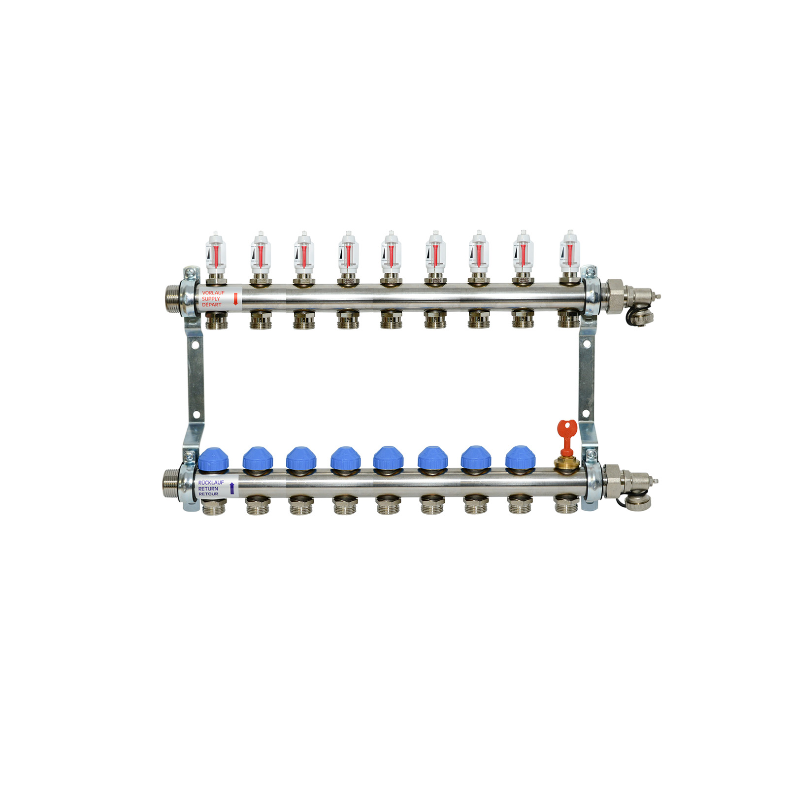 9-fach Heizkreisverteiler Premium selbstregulierend mit Durchflussanzeige Edelstahl