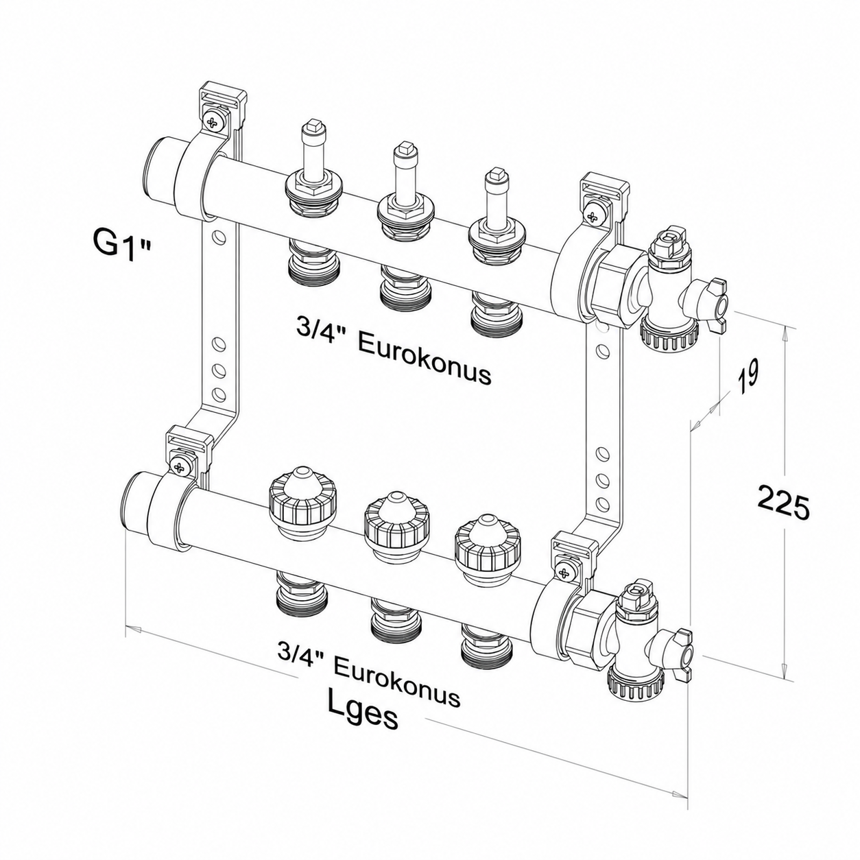 Roth Heizkreisverteiler 3-Heizkreise Messing FlatConnect mit DFA absperrbar 1115011033