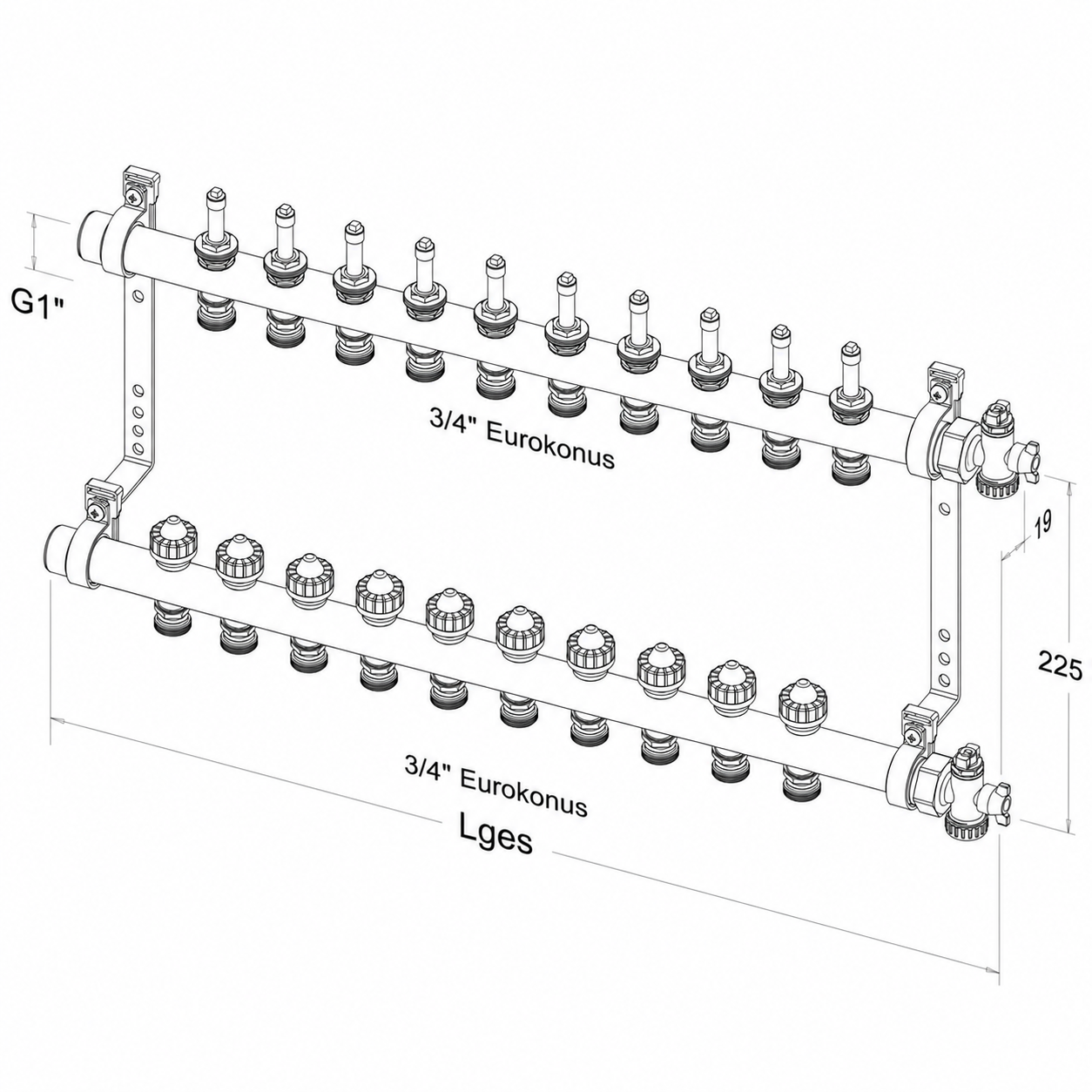 Roth Heizkreisverteiler 10-Heizkreise Messing FlatConnect mit DFA absperrbar 1115011040
