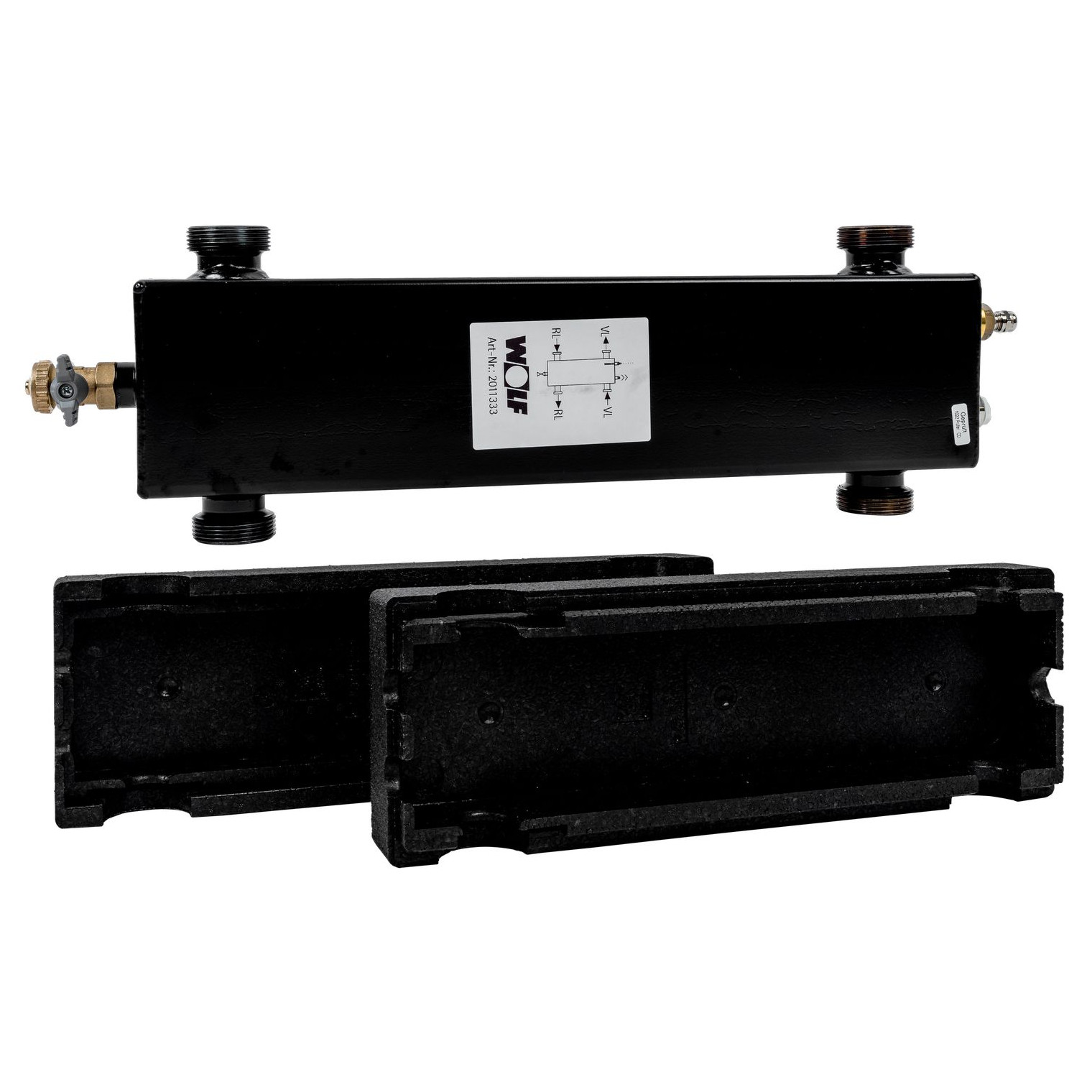 WOLF Hydraulische Weiche 4,5 m3/h Vierkanthohlprofil 80x120mm Anschlussstutzen 1 1/2 Zoll Wärmedämmschalen 2011333