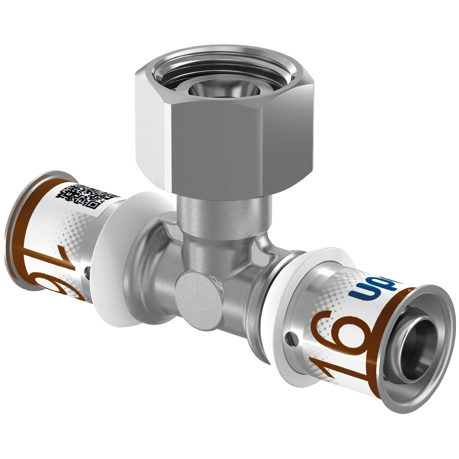 Uponor S-Press PLUS Fitting SK-T-Stück Geberit 16-G1-2-FT-16 Messing vernickelt 1070659