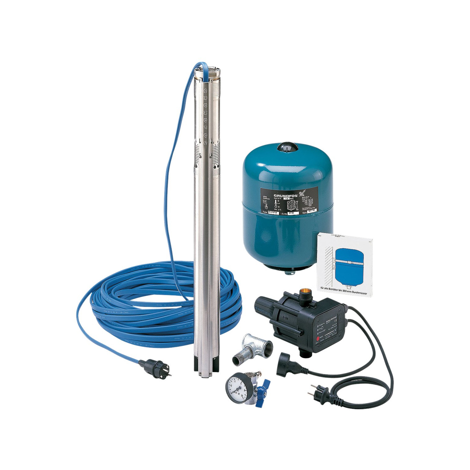 Grundfos Unterwasserpumpe Wasserversorgungspaket SQ3-40 30m Kabel Druckschalter Membrandruckbehälter 96160908
