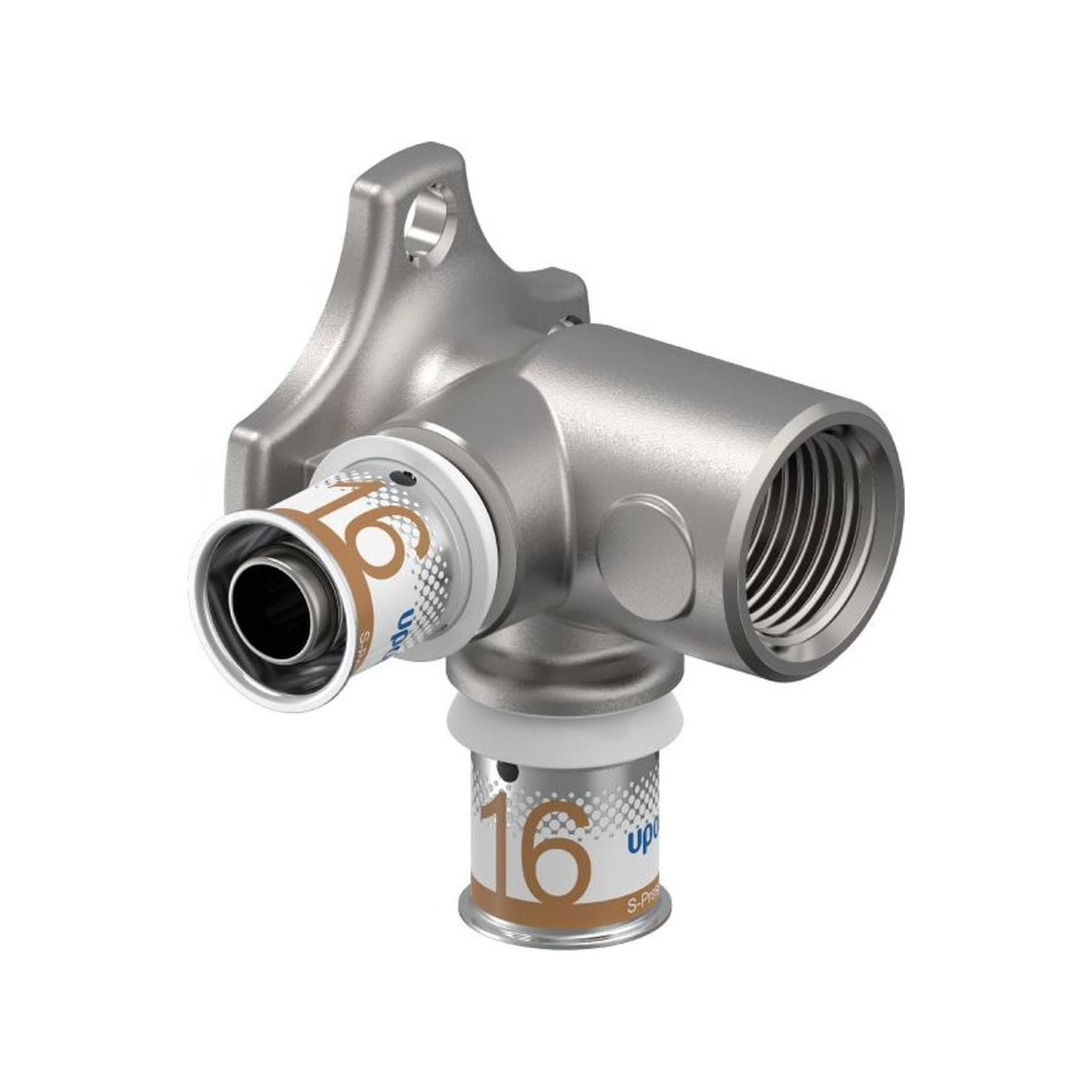 Uponor S-Press PLUS Doppel-Wandscheibe 90 Grad lang 16 mm DN15 Innengewinde Edelstahlpresshülse 1070648