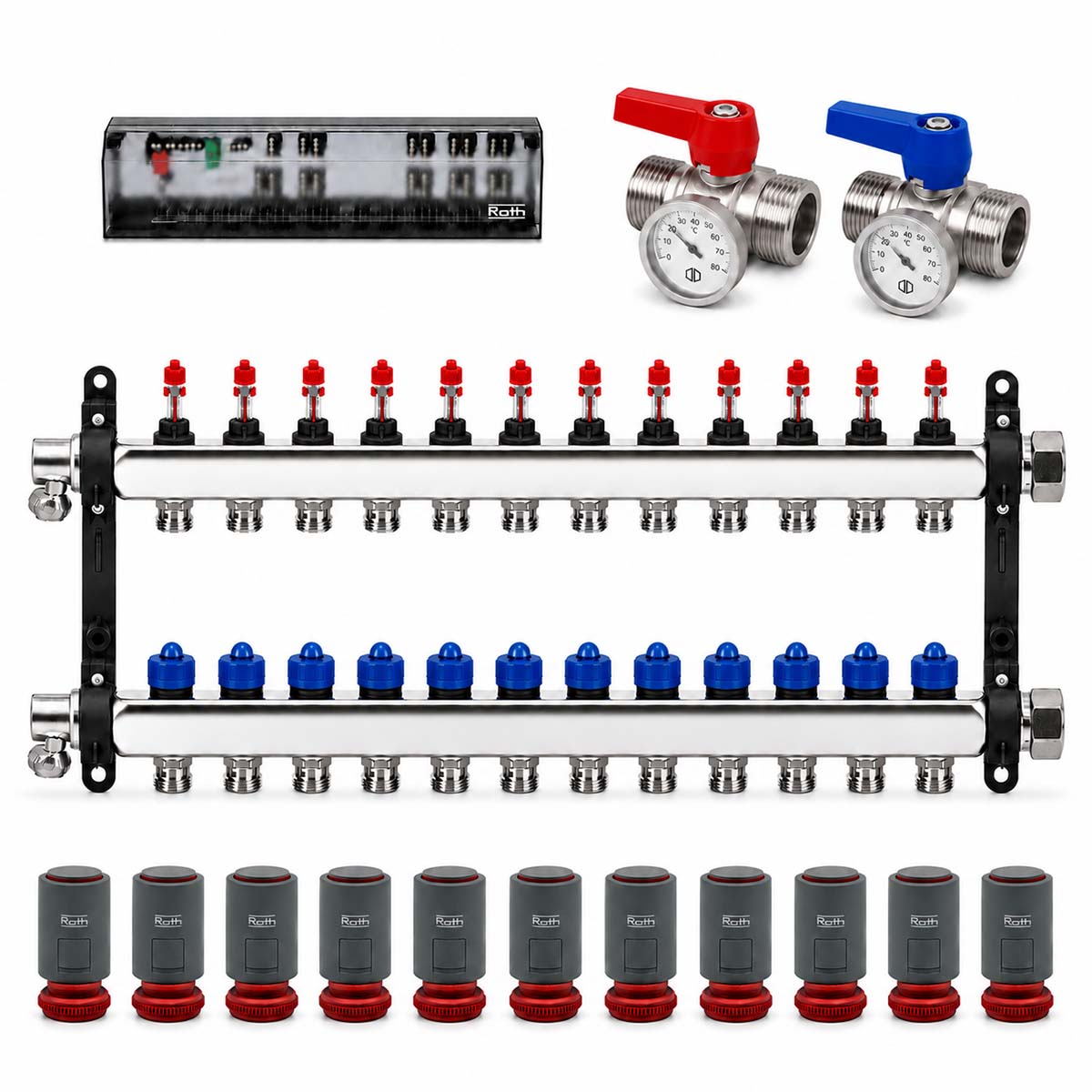 Roth 11er Heizkreisverteiler-Set Edelstahl Stellantriebe Anschlussleiste Kugelhahn 230V Heizen