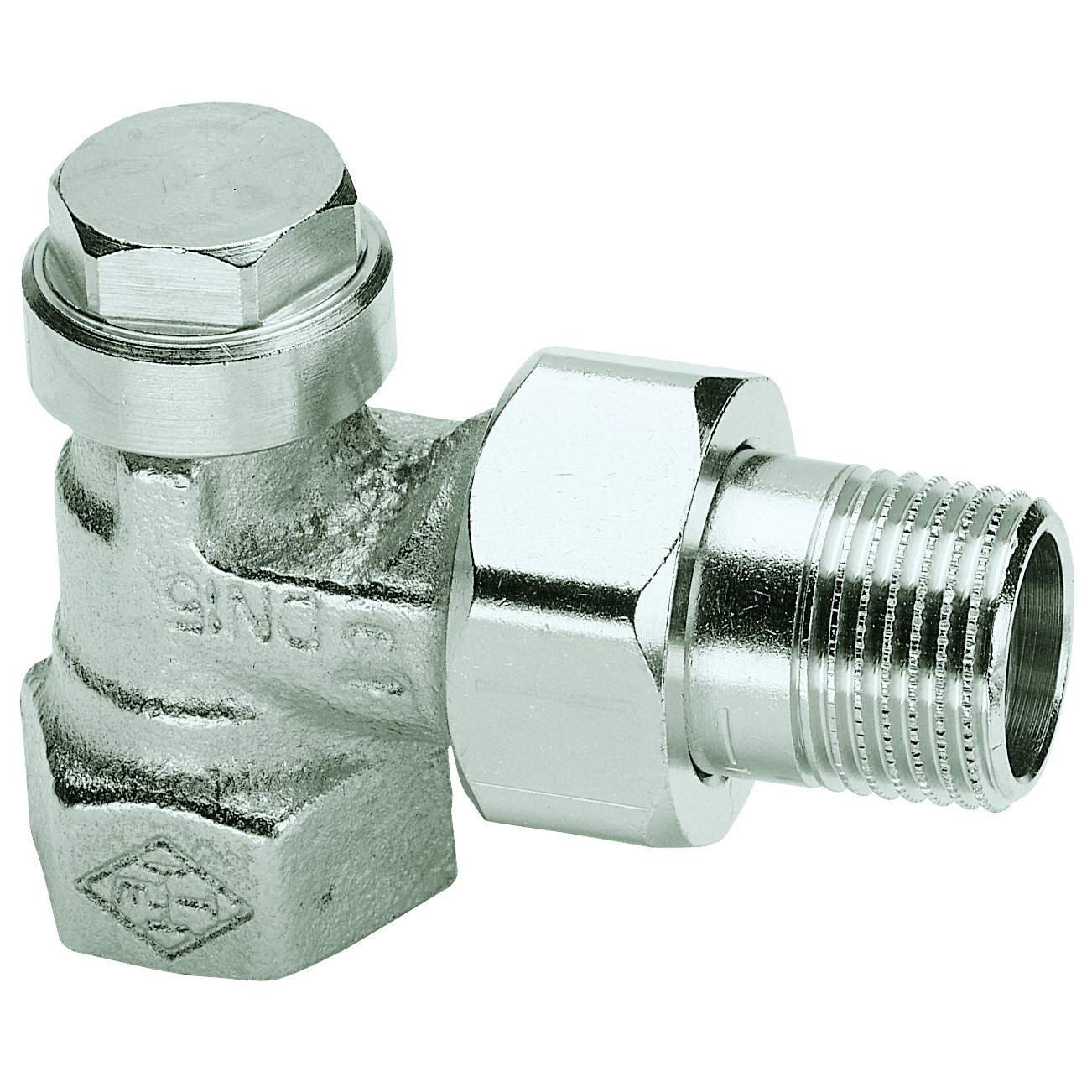 Heimeier Rücklaufverschraubung Regulux DN10 3/8 Zoll Eckform absperrbar regulierbar vernickelt Entleerung 0351-01.000