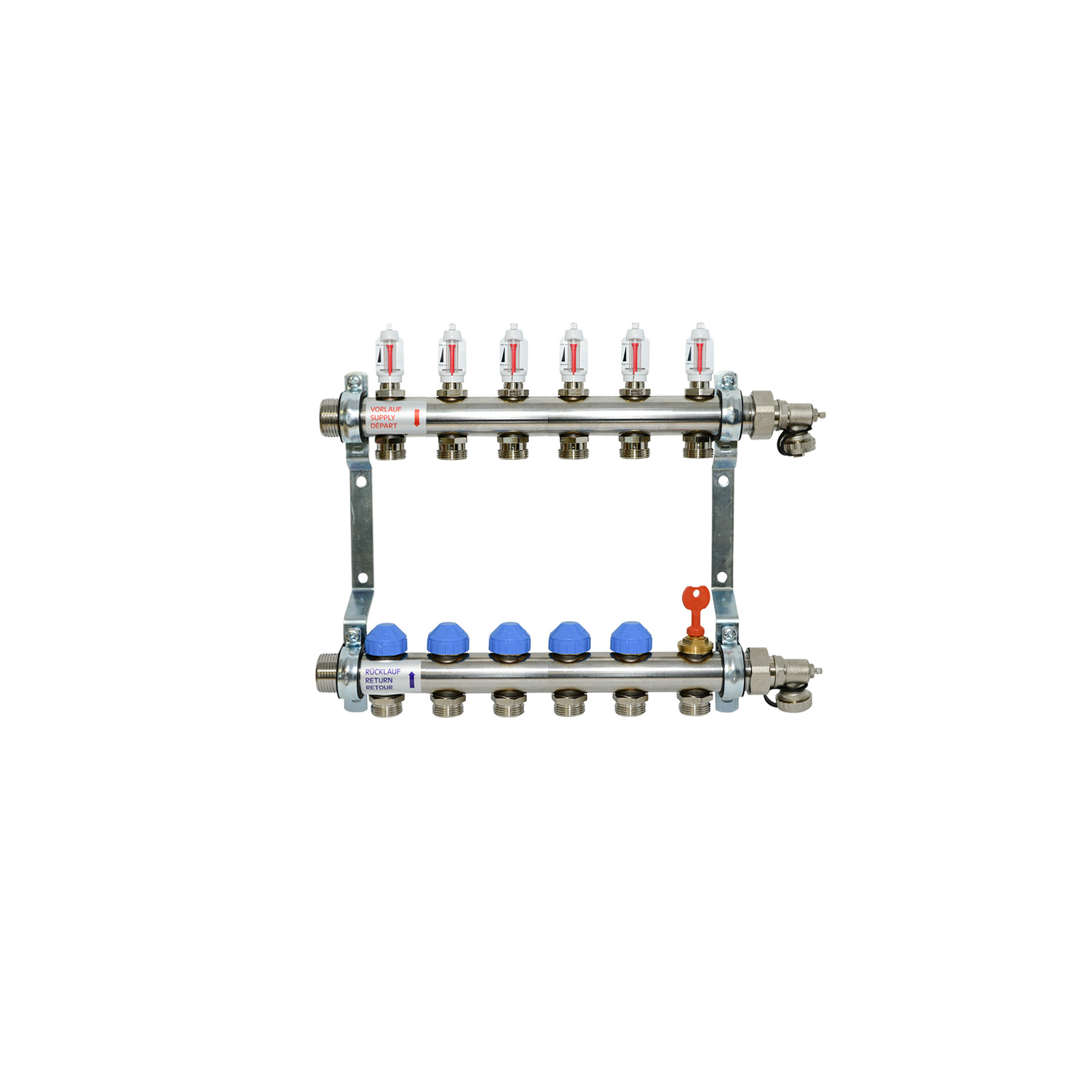 6-fach Heizkreisverteiler Premium selbstregulierend mit Durchflussanzeige Edelstahl