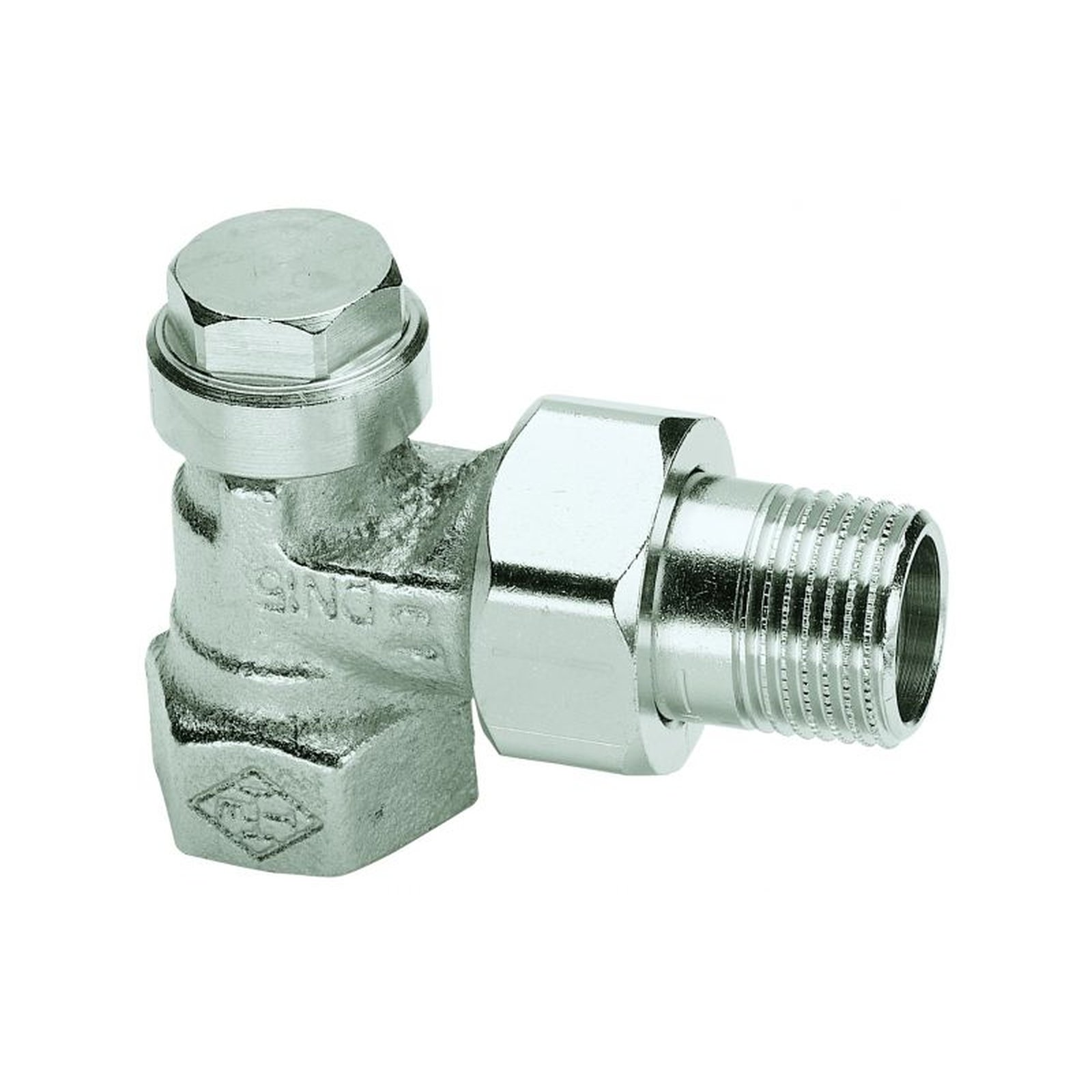 Heimeier Rücklaufverschraubung Regulux DN20 3/4 Zoll Eckform absperrbar entleerbar vernickelt 0351-03.000