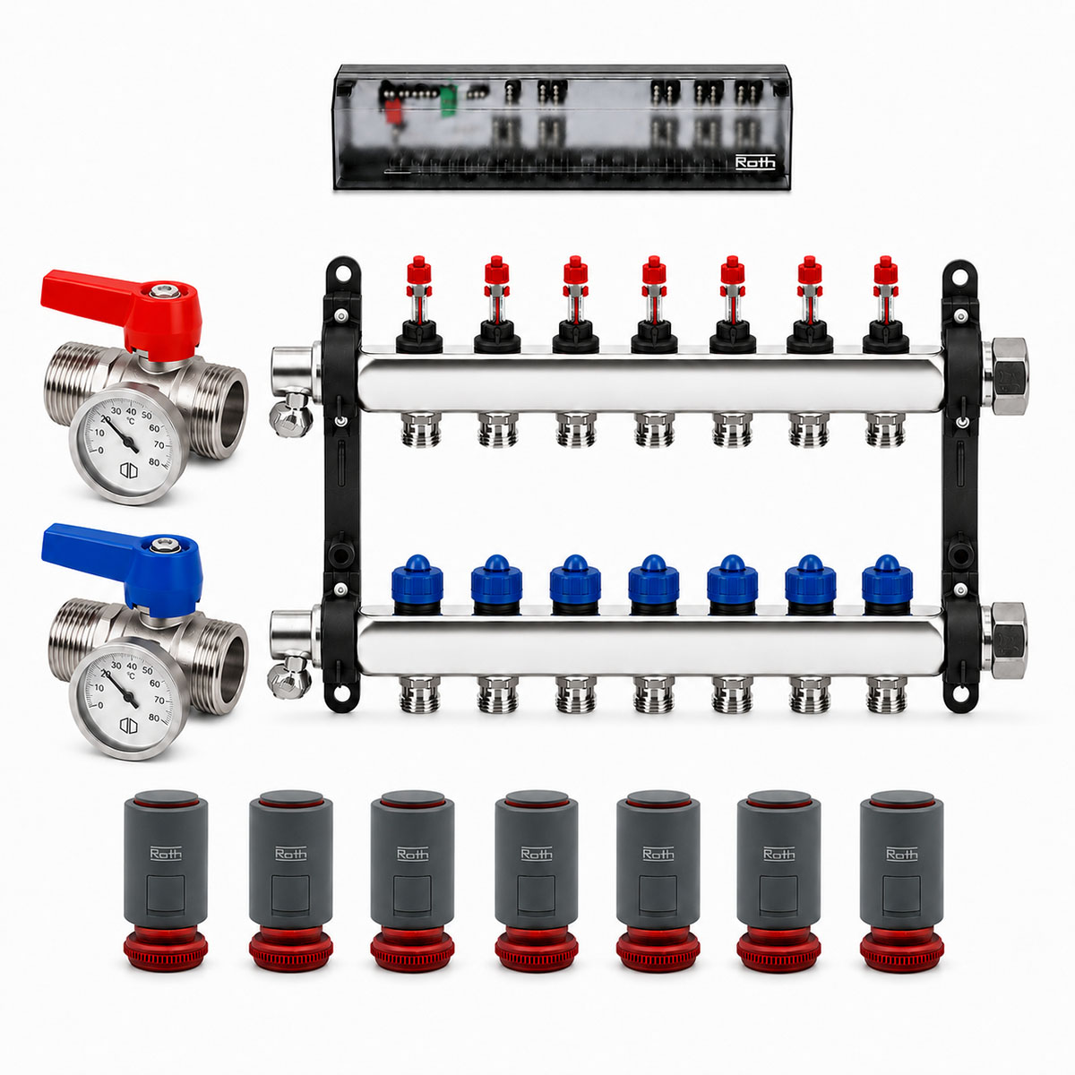 Roth 7er Heizkreisverteiler-Set Edelstahl Stellantriebe Anschlussleiste Kugelhahn 230V Heizen