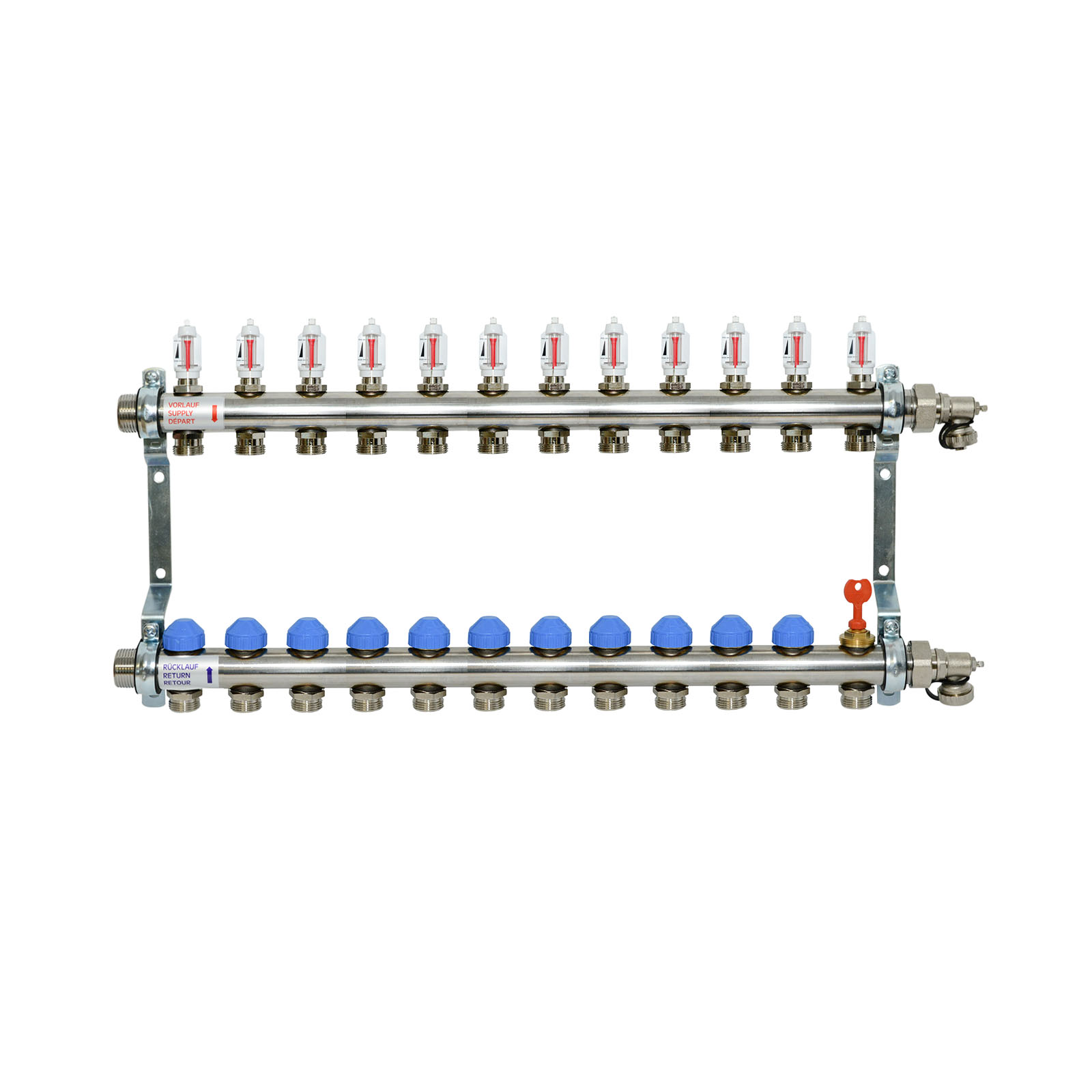 12-fach Heizkreisverteiler Premium selbstregulierend mit Durchflussanzeige Edelstahl