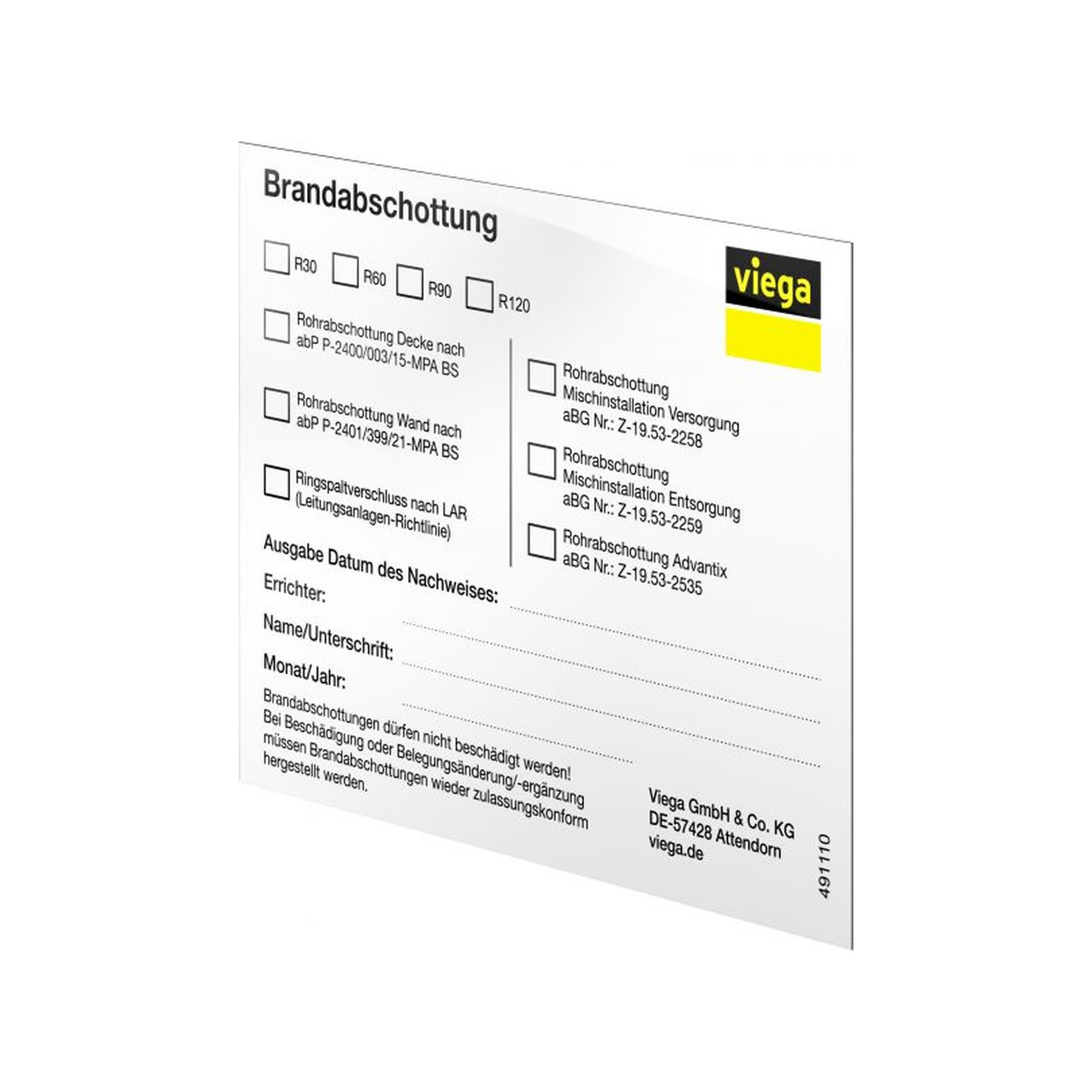 Viega Kennzeichnungsschild Brandschutz Rohrdurchführung 155x120 Modell 4920.8 Kunststoff 785871