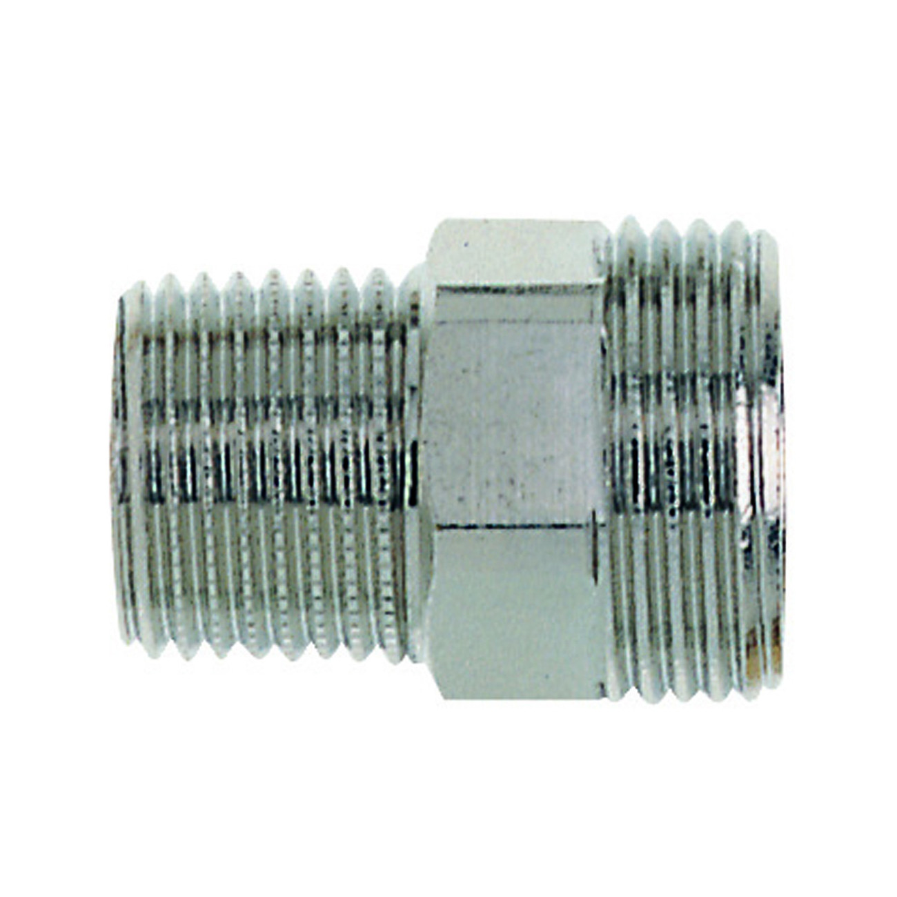 Heimeier Anschlussverschraubung Doppelnippel R 1/2 x G 3/4 Messing vernickelt 26 mm 1321-12.083