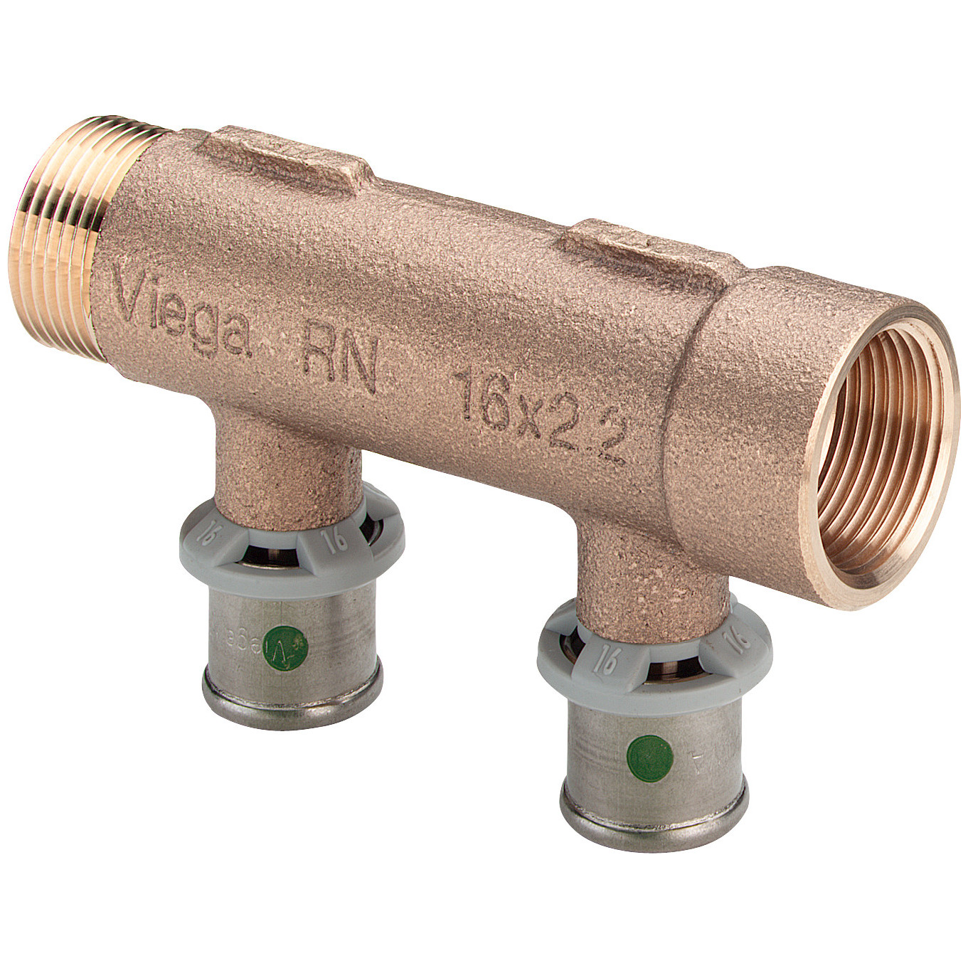 Viega Pressfitting Sanfix P 2126.06 Verteiler 2-fach 16mm x 3/4 Zoll Rotguss SC-Contur 309237