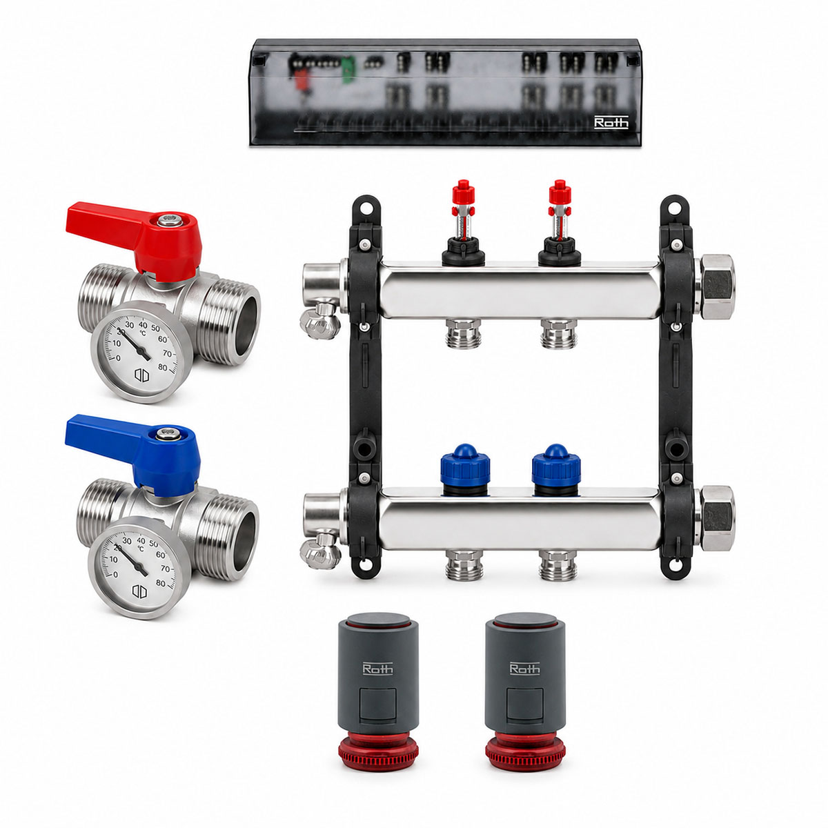 Roth 2er Heizkreisverteiler-Set Edelstahl Stellantriebe Anschlussleiste Kugelhahn 230V Heizen