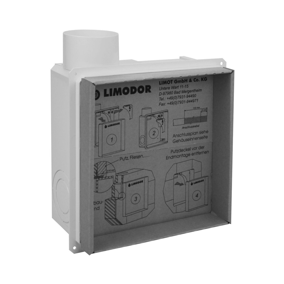 LIMODOR Unterputzgehäuse compact Einbaukasten seitlicher Abluftstutzen DN80 Rückschlagklappe 80000