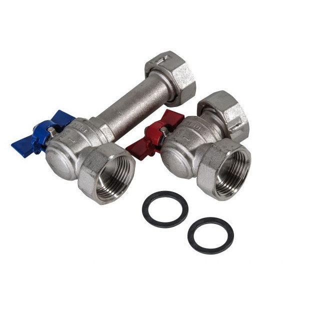 HTD Heizkreisverteiler Eck-Anschluss-Set 1" IG Kugelhahn senkrecht/vertikal rot/blau