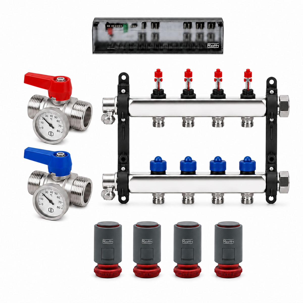 Roth 4er Heizkreisverteiler-Set Edelstahl Stellantriebe Anschlussleiste Kugelhahn 230V Heizen