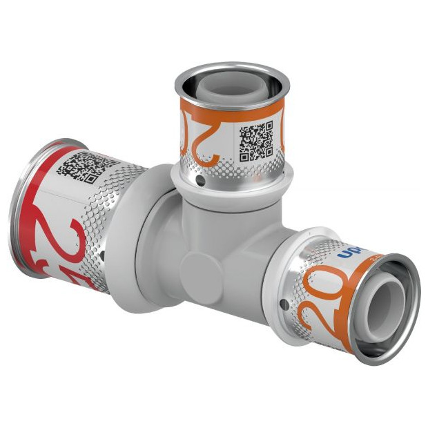 Uponor Fitting S-Press PLUS T-Stück reduziert PPSU 25-20-20 Edelstahl Presshülse Sichtfenster 1039956