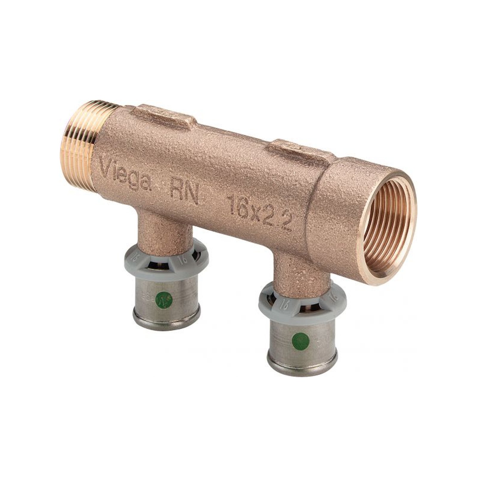 Viega Pressfitting Sanfix P 2126.06 Verteiler 2-fach 16mm x 3/4 Zoll Rotguss SC-Contur 309237