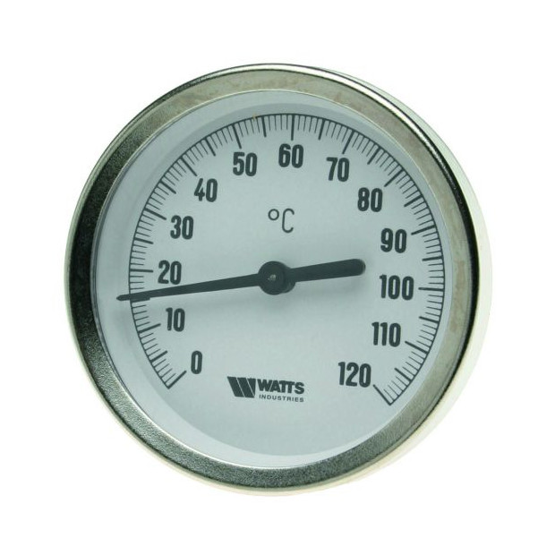 WATTS Bimetall-Zeigerthermometer FplusR801 100-150OR d100 TH150mm 0-120GradC Stahlblech verchromt 10006084