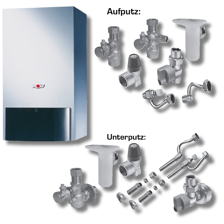 WOLF Heizwerttherme CGU-2K-18 Erdgas E Paket RM-2 Anschluss-Set Unterputz 8616108W11