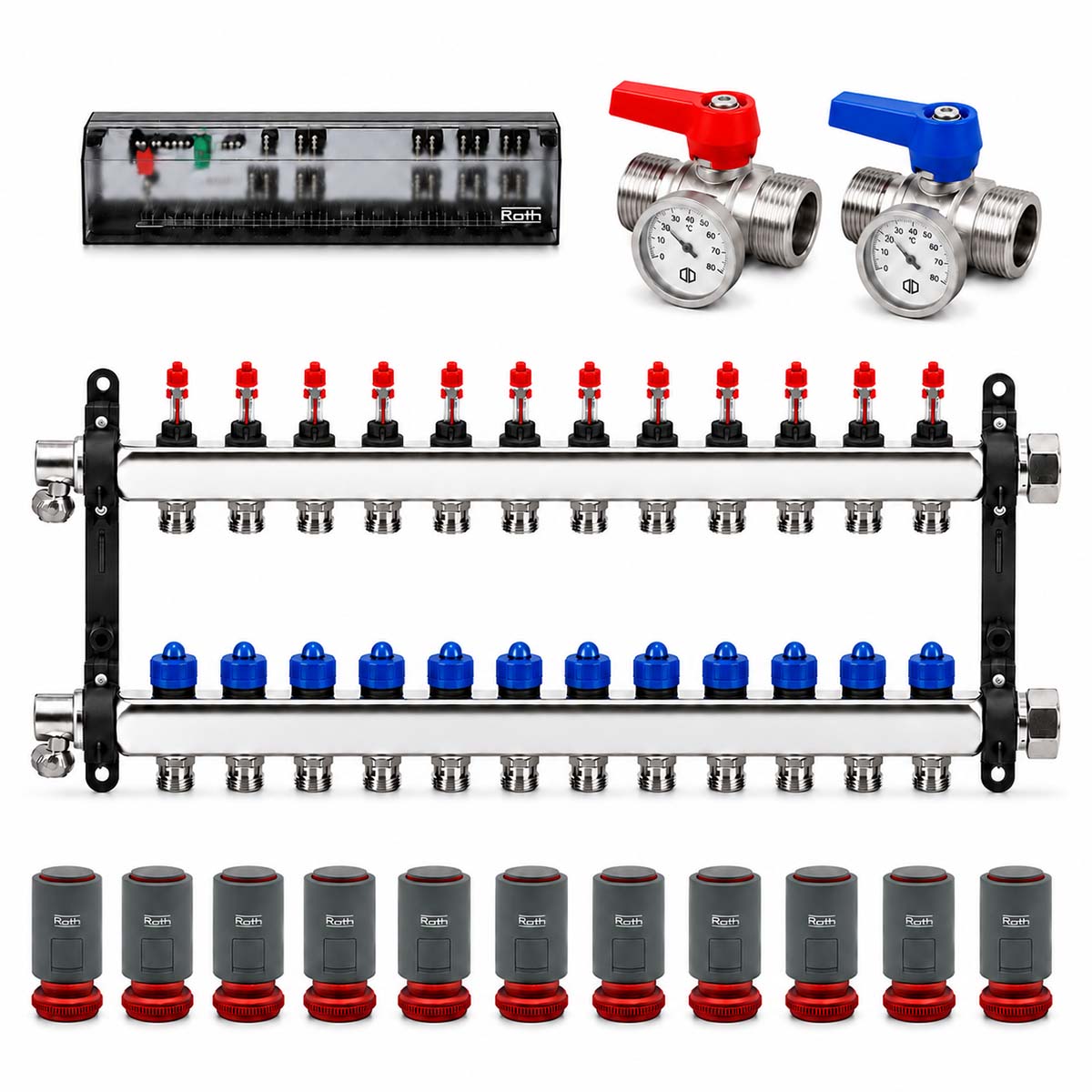 Roth 12er Heizkreisverteiler-Set Edelstahl Stellantriebe Anschlussleiste Kugelhahn 230V Heizen