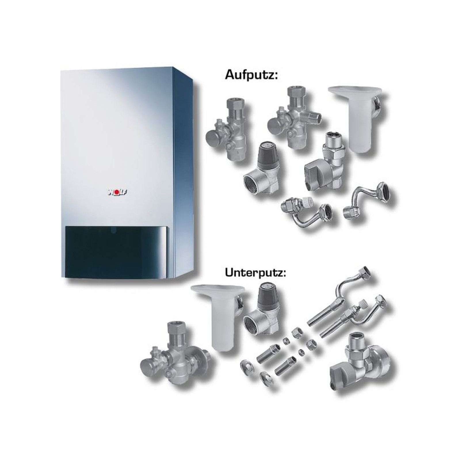 Wolf Heizwerttherme CGU-2K-18 Erdgas E Paket RM-2 Anschluss-Set Unterputz 8616108W11