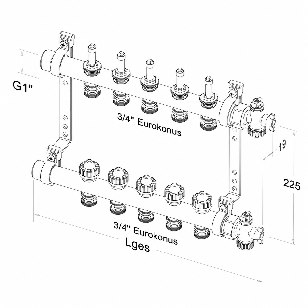 Roth Heizkreisverteiler 5-Heizkreise Messing FlatConnect mit DFA absperrbar 1115011035