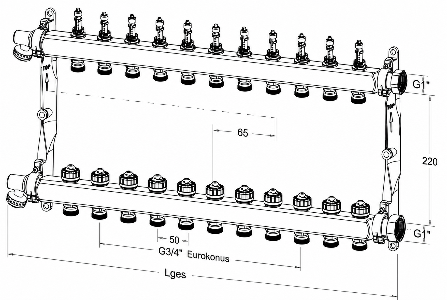 Roth Heizkreisverteiler 11-Heizkreise Edelstahl mit DFA absperrbar 1135010006
