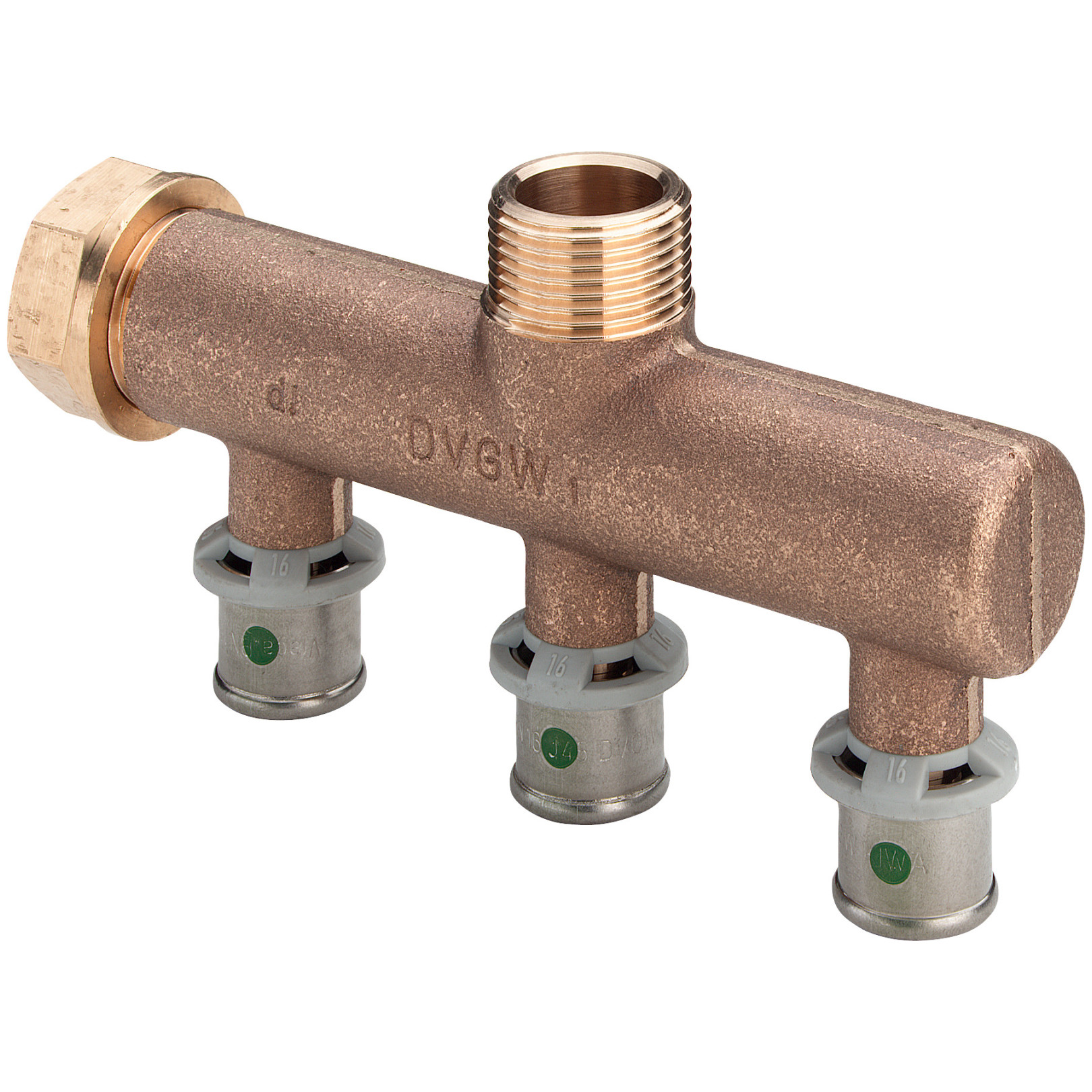 Viega Pressfitting Sanfix P 2126.07 Verteiler 3-fach 16mm x 3/4 Zoll SC-Contur Rotguss 309206