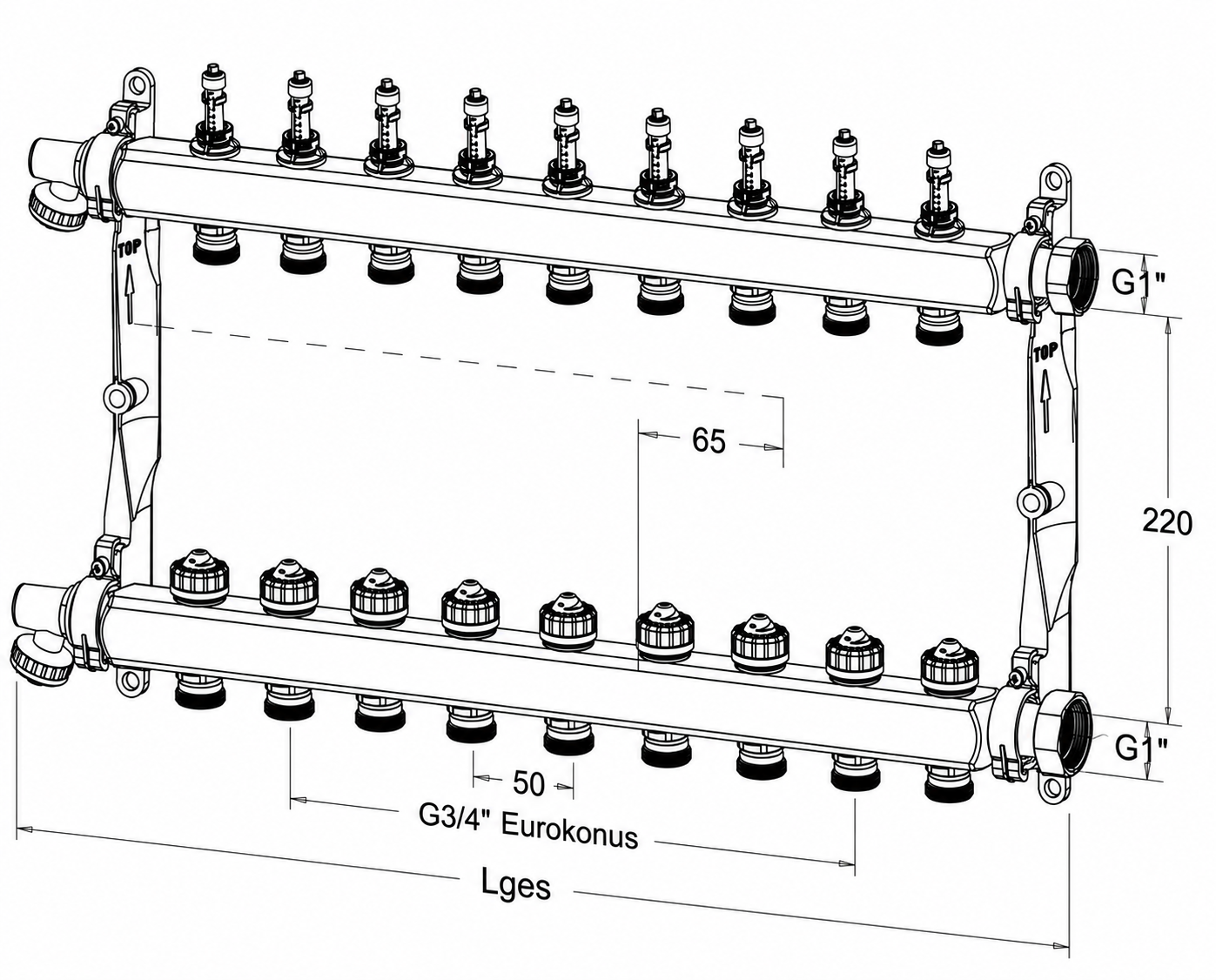 Roth Heizkreisverteiler 9-Heizkreise Edelstahl mit DFA absperrbar 1135010004