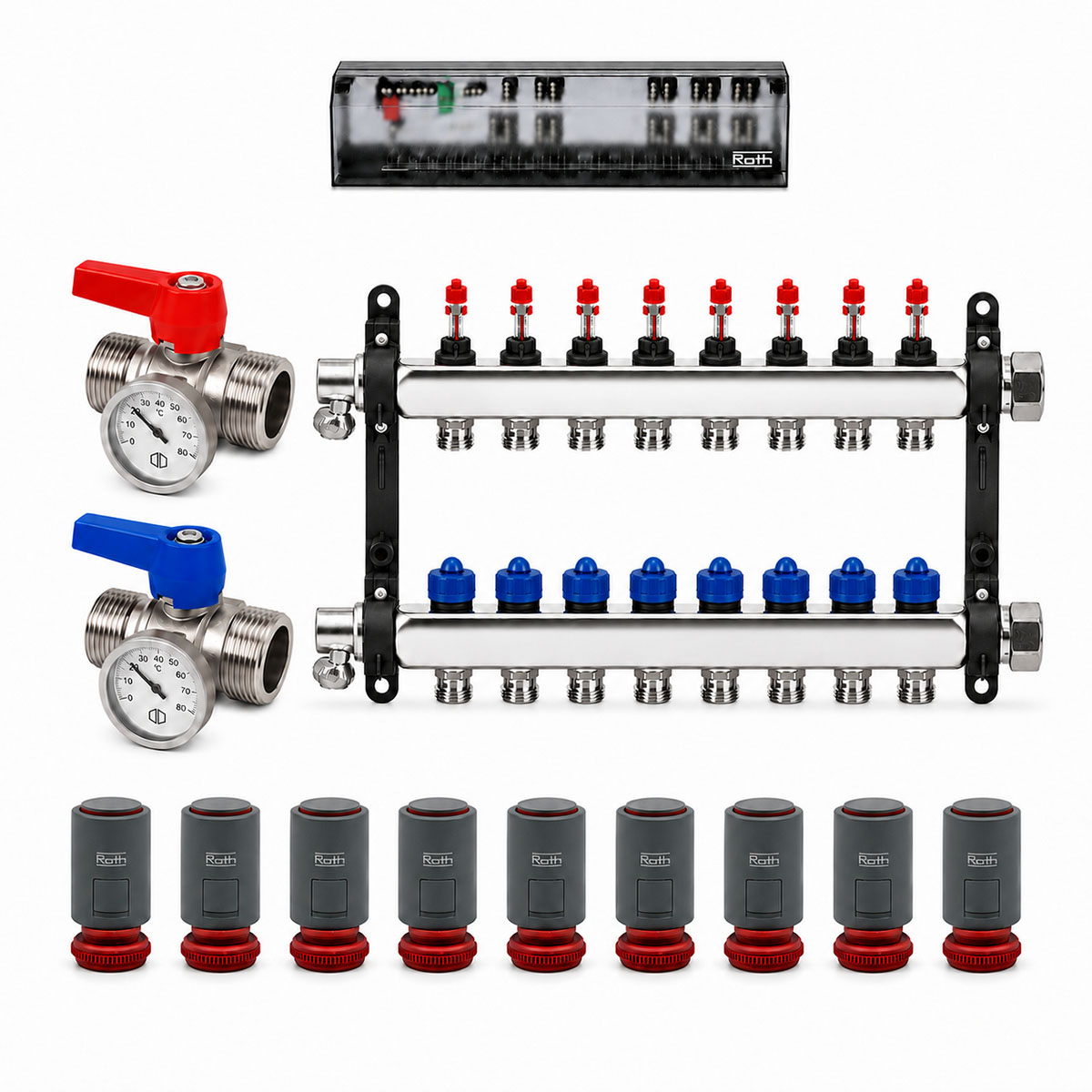 Roth 9er Heizkreisverteiler-Set Edelstahl Stellantriebe Anschlussleiste Kugelhahn 230V Heizen
