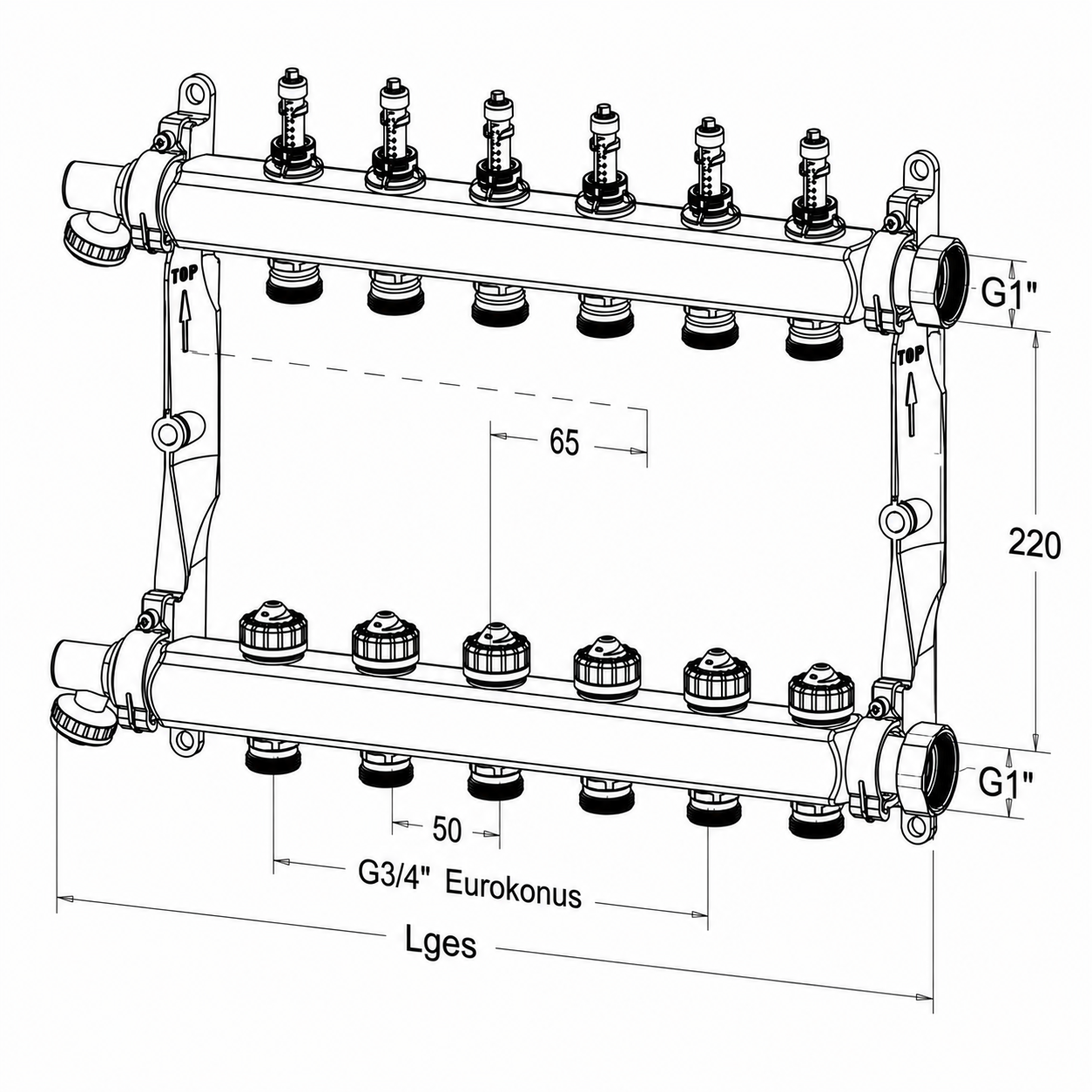 Roth Heizkreisverteiler 6-Heizkreise Edelstahl mit DFA absperrbar 1135010001