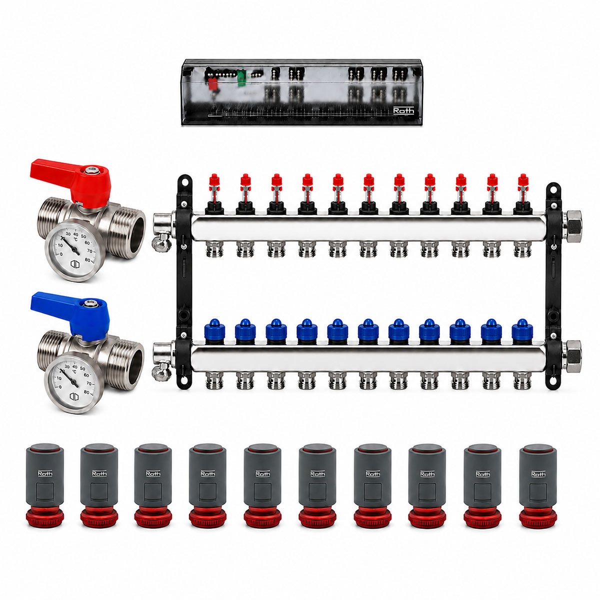 Roth 10er Heizkreisverteiler-Set Edelstahl Stellantriebe Anschlussleiste Kugelhahn 230V Heizen
