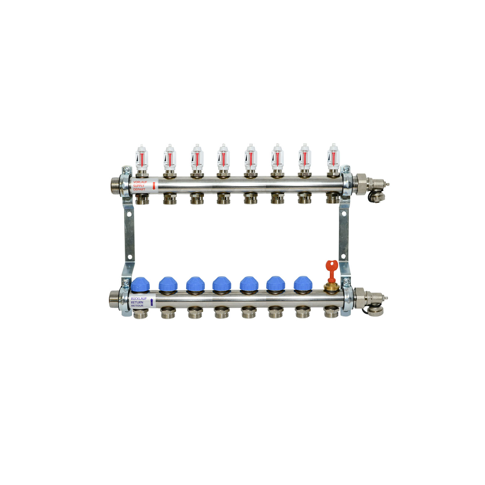 8-fach Heizkreisverteiler Premium selbstregulierend mit Durchflussanzeige Edelstahl